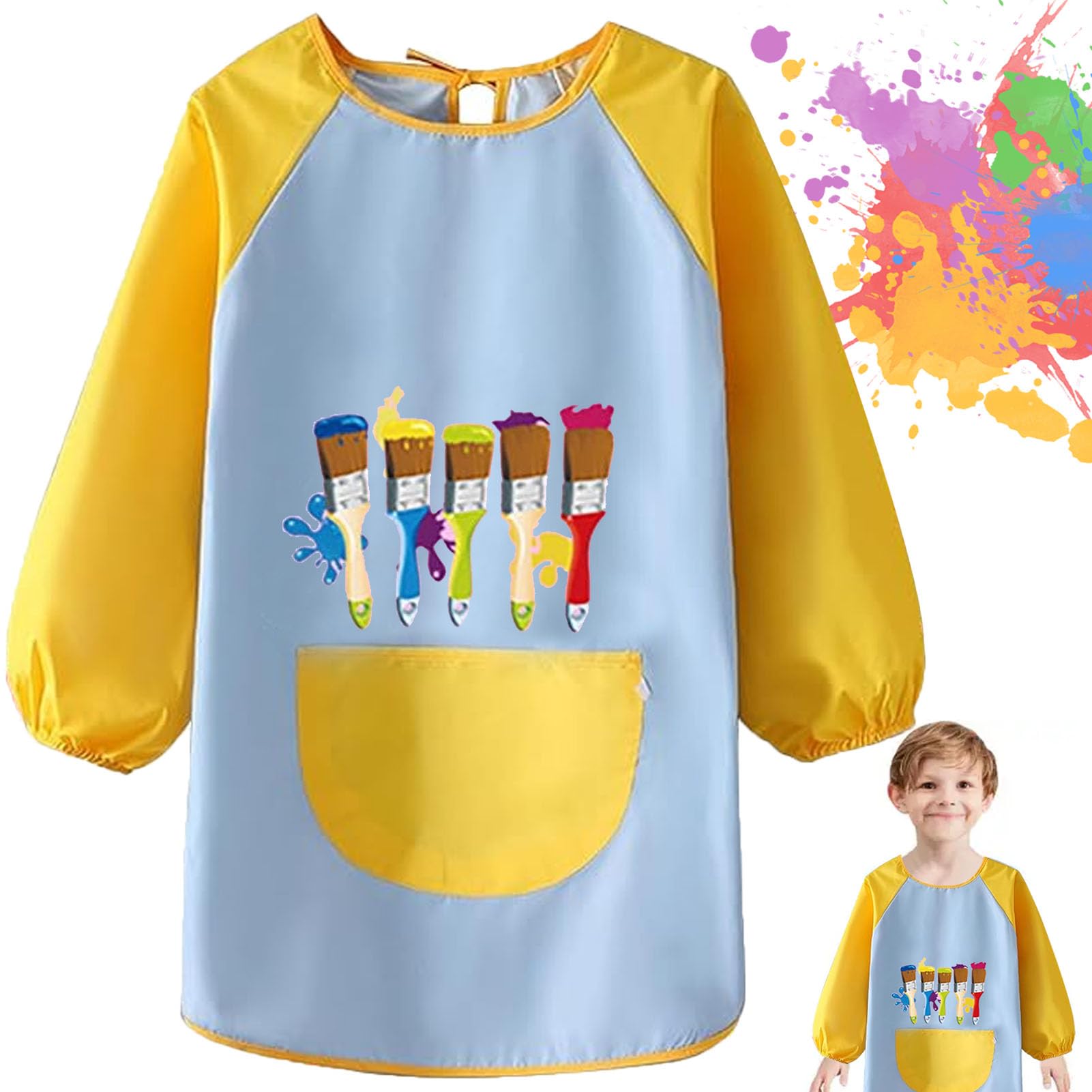LIDEYE Delantal Infantil Pintura Delantal Infantil Pintura Babero Smock Bata de Pintura para Niños Delantal Infantil Manga Niños Pintura Delantal para Pintar, Cocinar，niñosde 2-8 Año(Azul)
