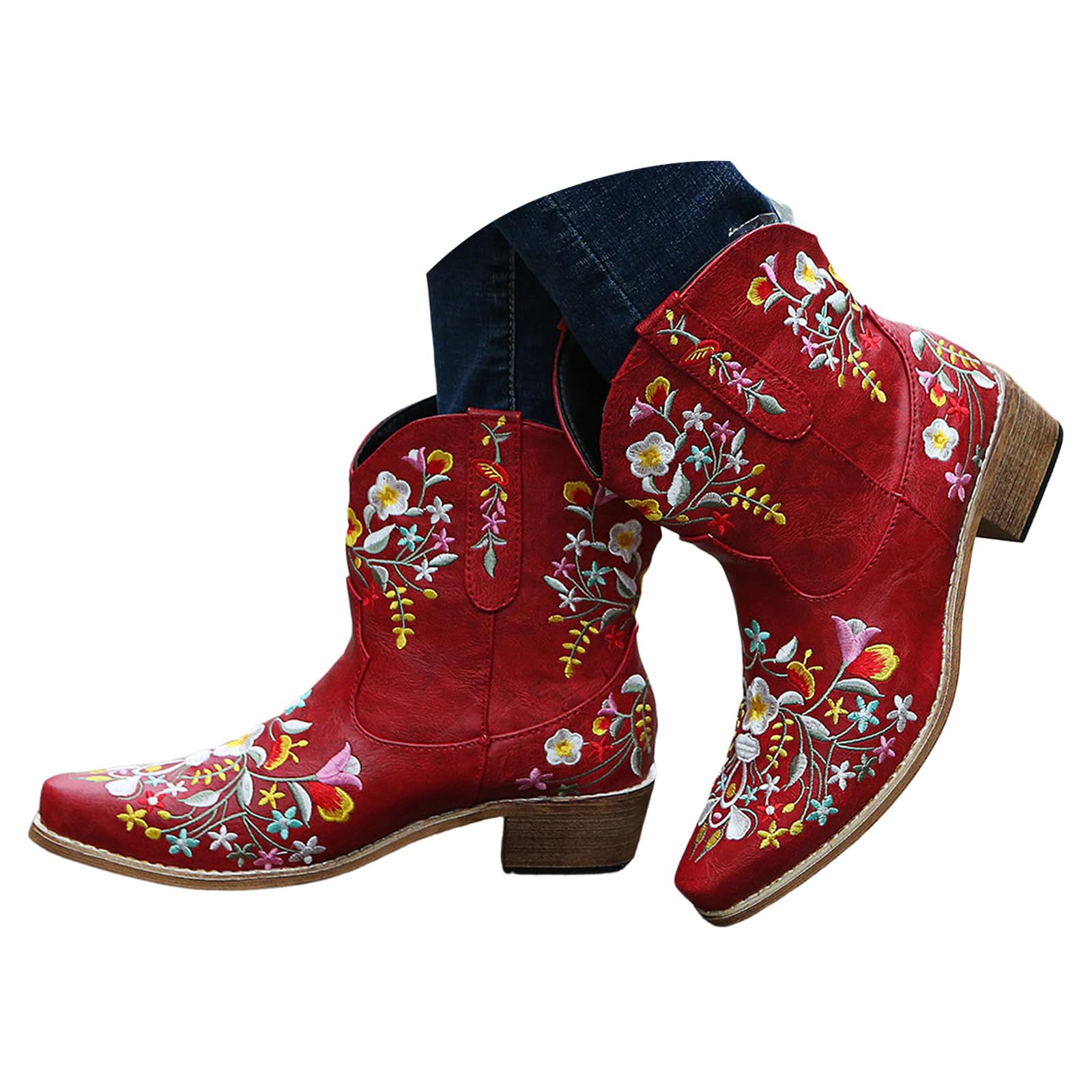 ZSpzx Women Cowboy Ankle Boots Retro Floral Embroidery Western Cowgirl Booties Wide Calf Chunky Block Mid Heels Square