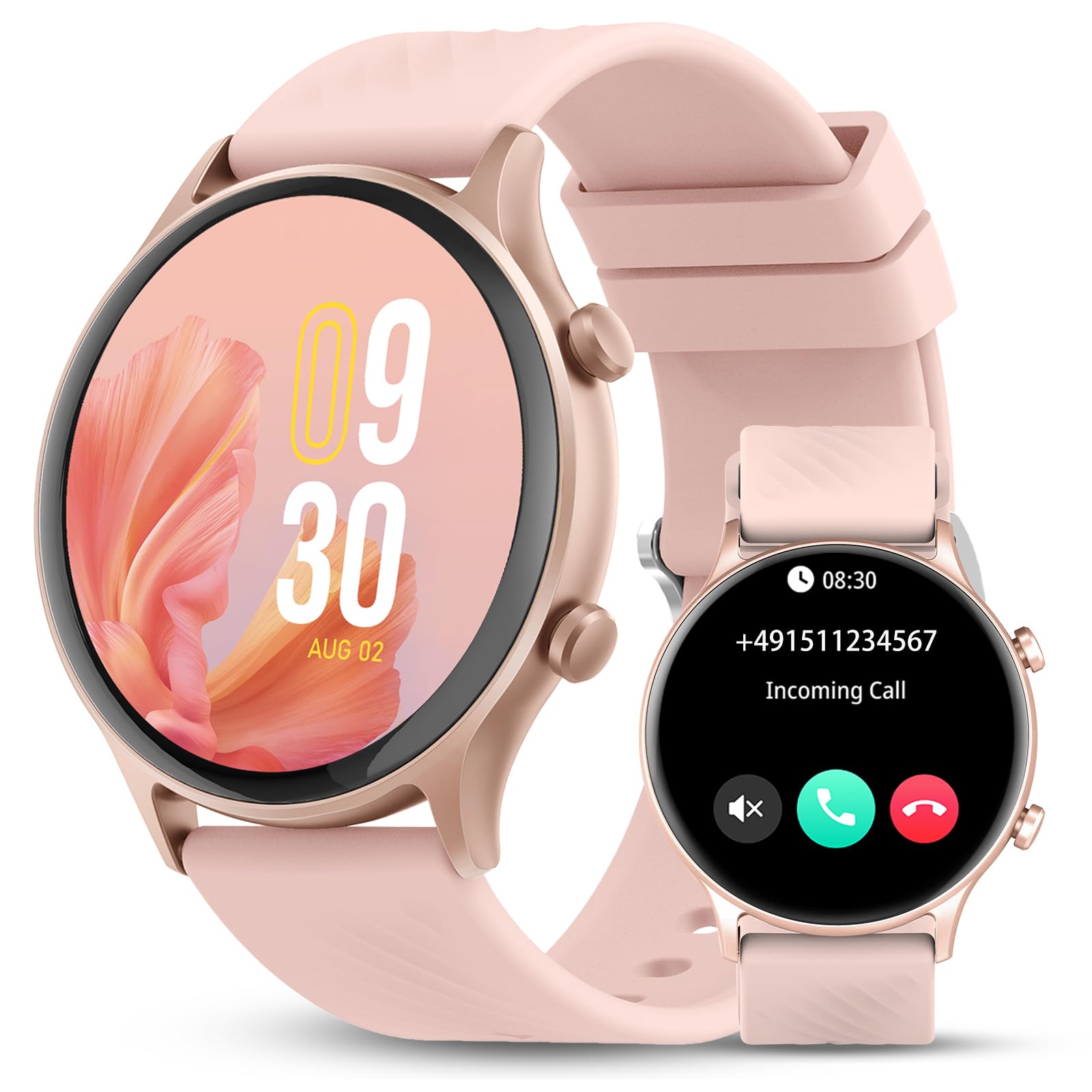 WalkerFit Smartwatch Mujer 1,39" HD para Hacer Llamadas, Reloj Fitness | Reloj inteligente IP67 con Bluetooth, iOS/Android, 100+ deportes, Monitor de frecuencia cardíaca, SpO2, sueño y ciclo Rosa