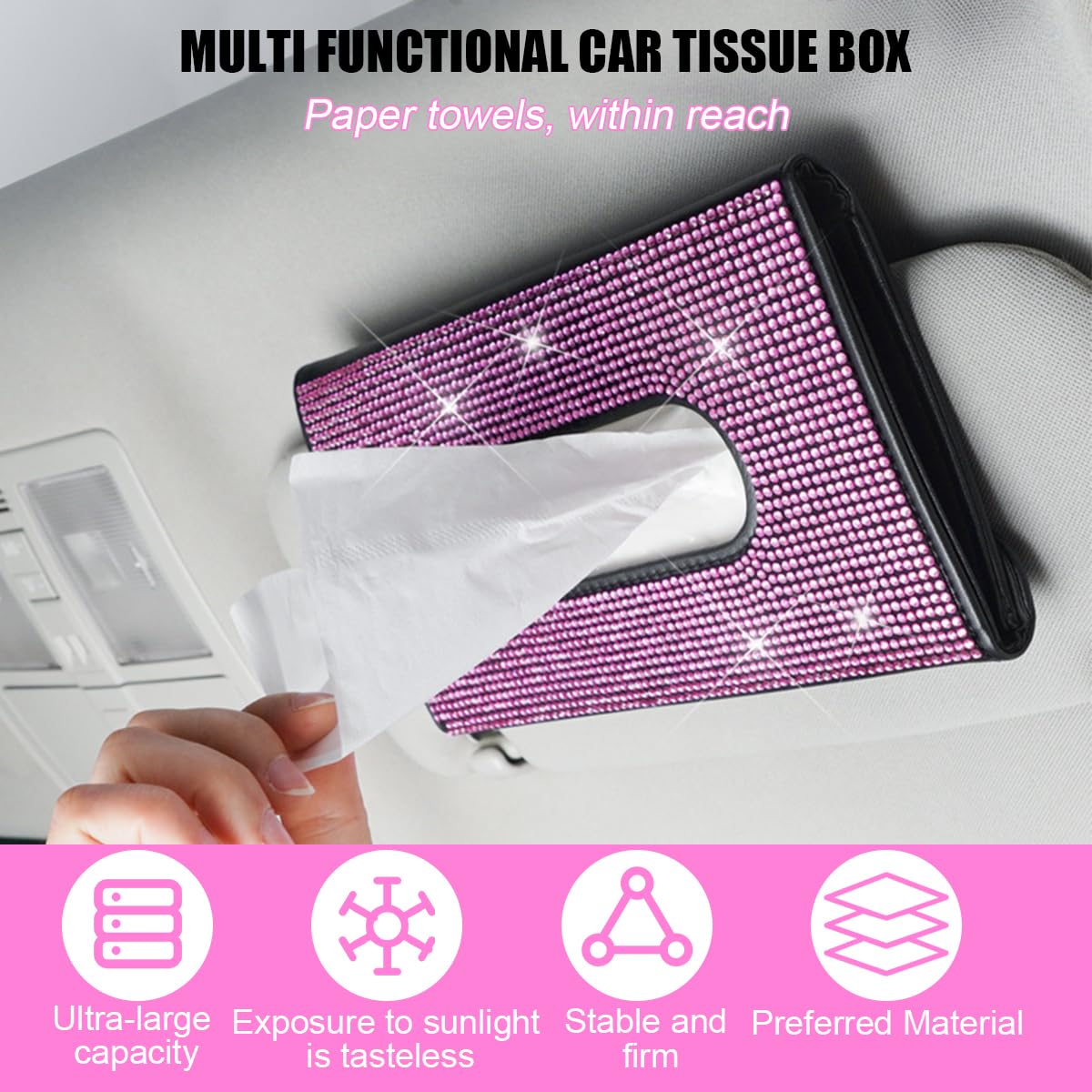 Bling Car Tissue Holder for Sun Visor Crystal Rhinestone Leather Vehicle Paper Towel Case Glitter Diamond Auto Napkin — view 5