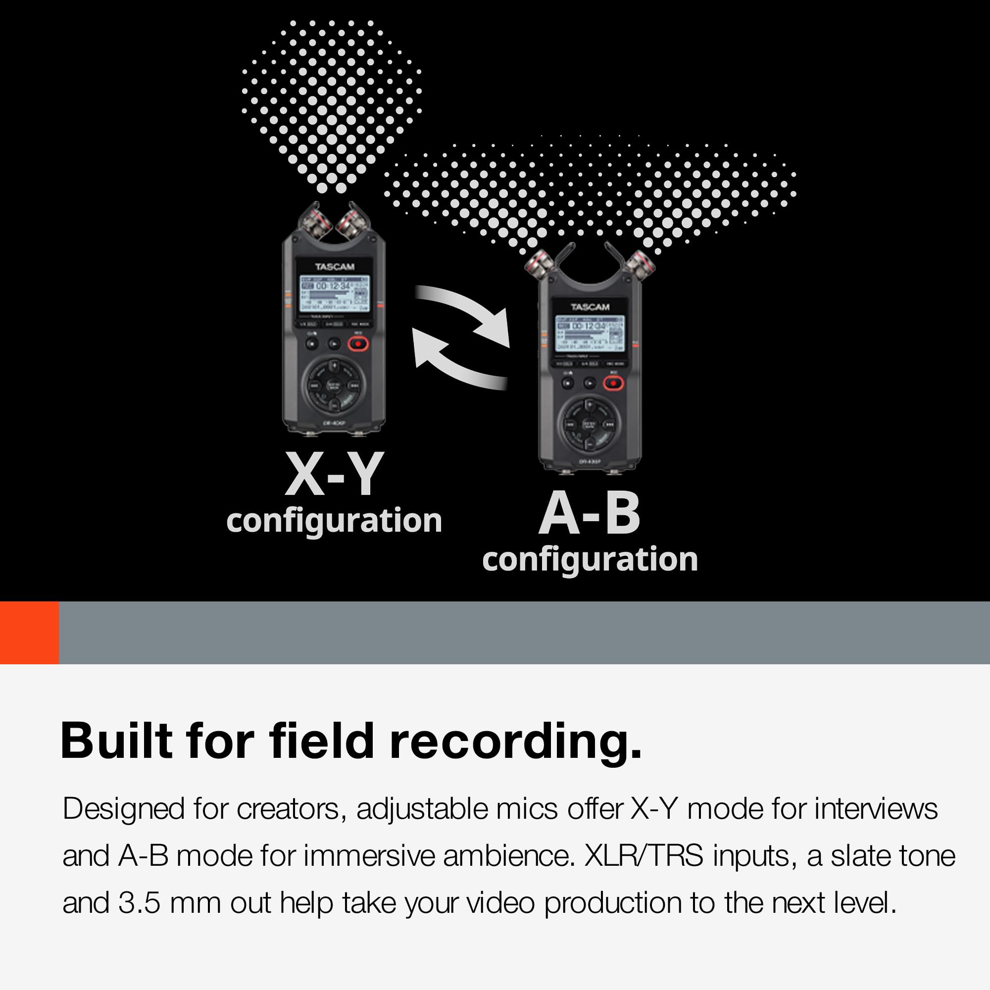 TASCAM DR-40XP Enregistreur de terrain portable 4 canaux 32 bits virgule flottante et interface audio USB-C — avec 2 entrées XLR/TRS et microphones réglables pour la musique, l'audio pour la vidéo et