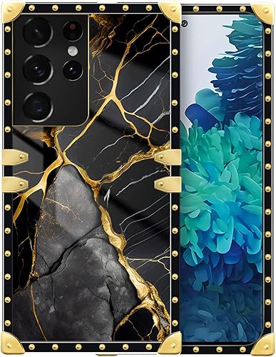 DAIZAG Funda compatible con Samsung Galaxy S21 Ultra Black Gold Natural Marble Pattern Funda de teléfono cuadrada dorada suave a prueba de golpes