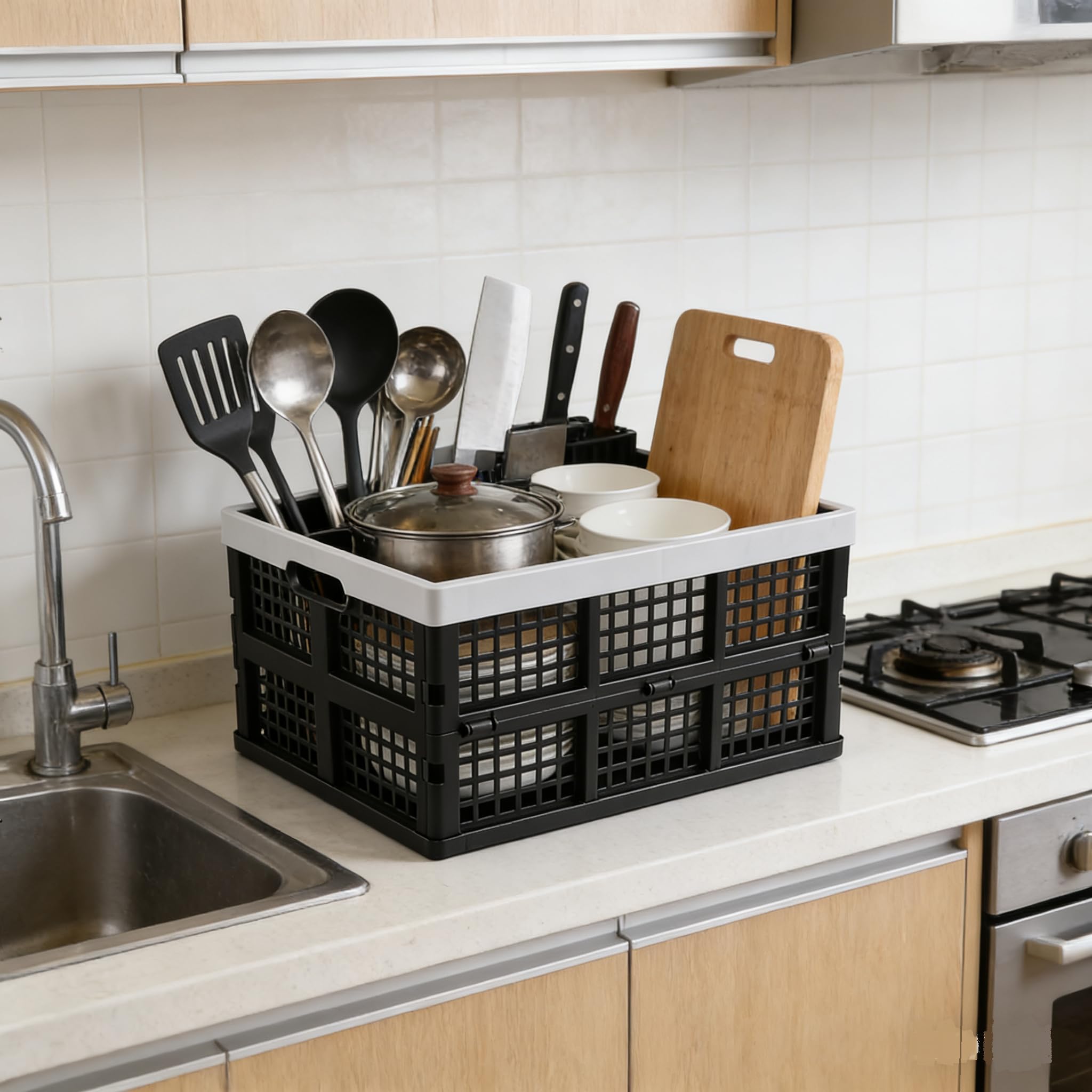 Cajas de Almacenamiento Plegables de Plástico Apilables de 15 Litros, Cesta Plegable Apilable, Paquete de 4