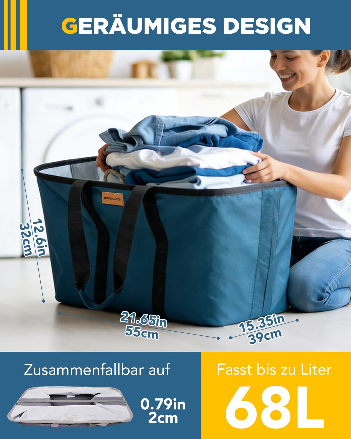 SOUTHGATE Faltbarer Wäschekorb 2er Set (Blau/Grau), je 68L, extra flach 2 cm, schnell zusammenklappbar, freistehend, 600D Oxford, abwischbares Innenfutter, Standfüße & Tragegriffe
