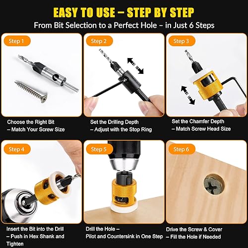 Miniatura 8 de Juego de brocas avellanadas de 8 piezas con tope de baja profundidad de fricción, tamaños de 2.8 × 8 3.2 × 8 3.5 × 10 4.4 × 12.7 4.8 × 0.500 in,