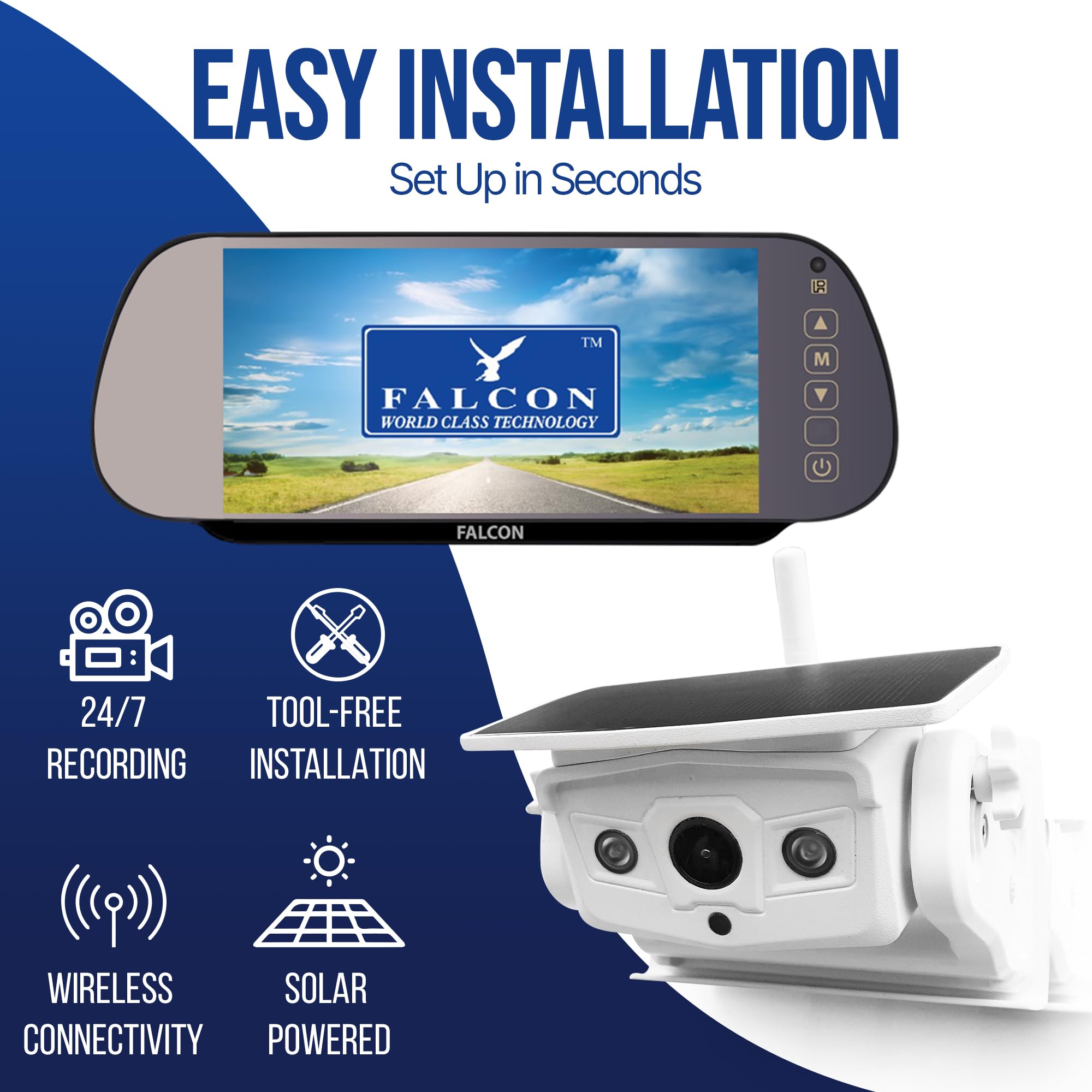 Falcon HD Magnetic Wireless Camera System + 7″ Mirror Monitor with DVR Recording Function – No Drilling Required