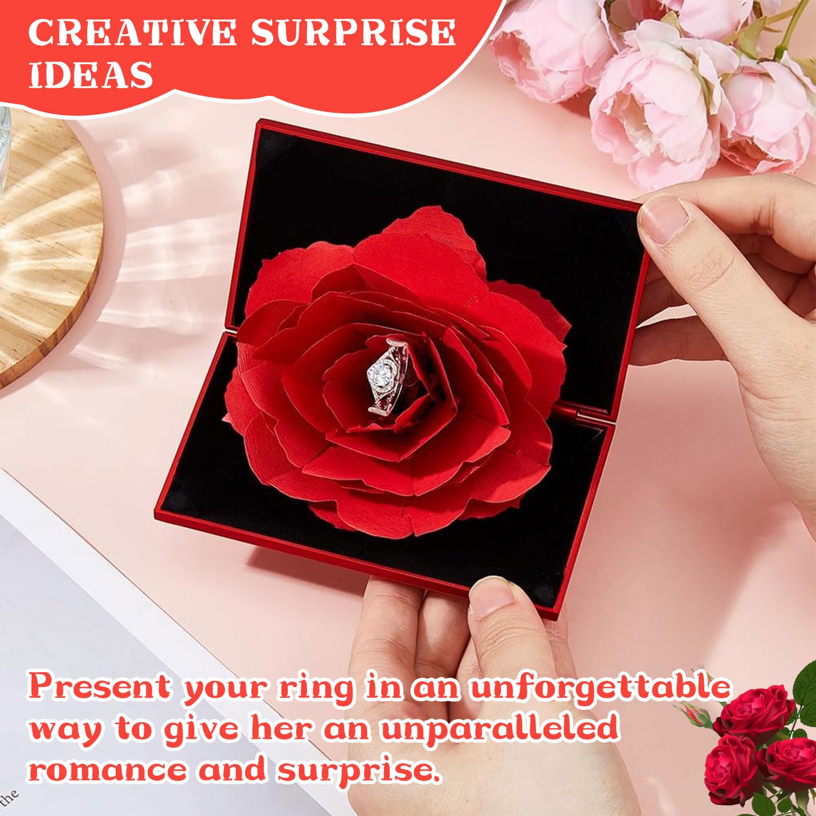 Boîte à Bague 3D Rose Pop-up - Pour Demande En Mariage Ou Cadeau - Présentation Romantique