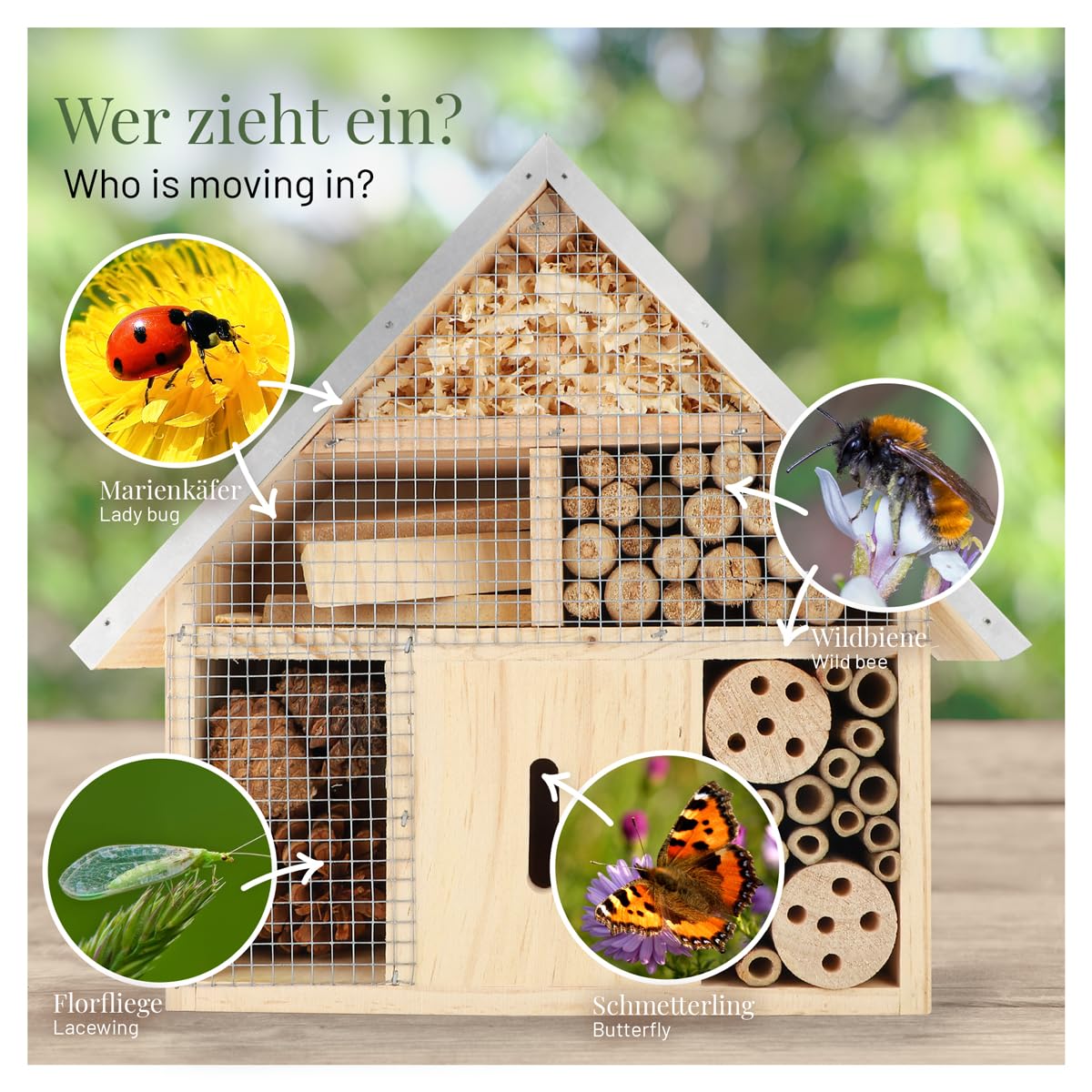 WILDLIFE HOME Hotel de insectos – Natural & resistente a la intemperie, casa de insectos de madera natural para abejas, abejas silvestres, mariquitas y mariposas, hotel de abejas y ayuda para anidar