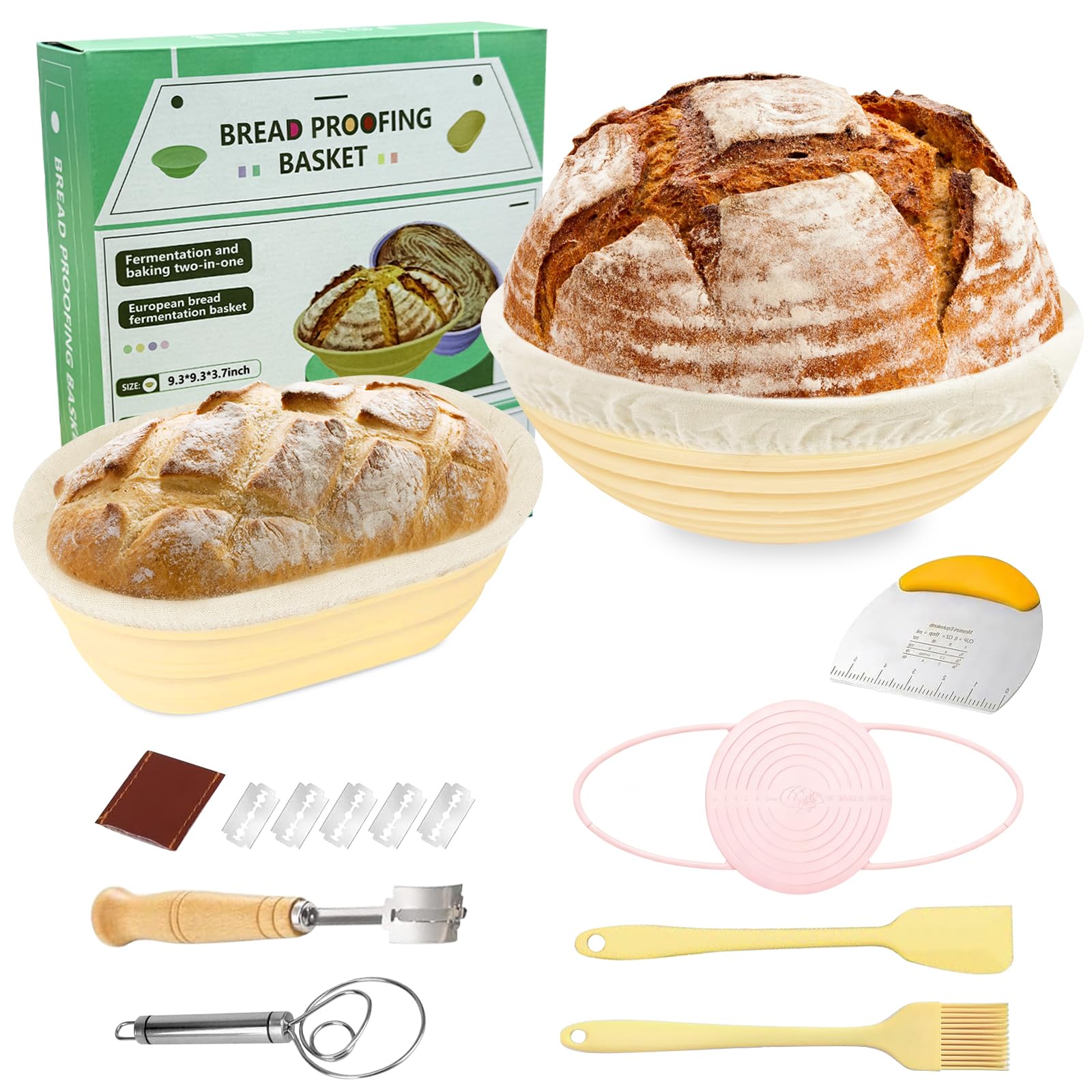 10 Pezzi Cestino da Lievitazione per Pane, Set Panificazione con Cestini Lievitazione in Silicone Rotondo da 23 cm & Ovale da 25 cm, Tela di Lino, per La Cottura del Pane