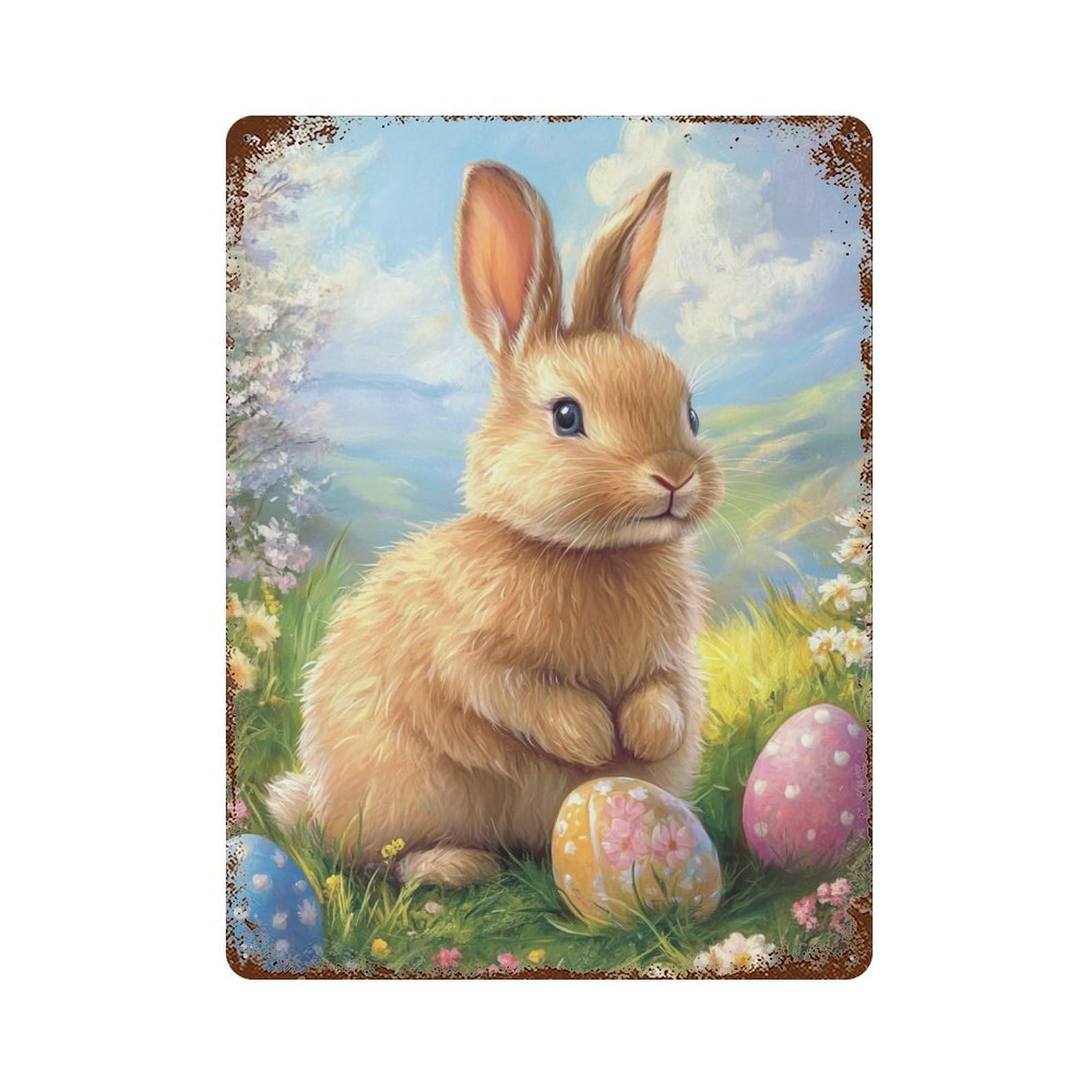Vintage Rust Metal Sign with Easter Bunny with Eggs-2 Design 15.7"x11.8", for Office, Studio And Wall Decor, Farmhouse Wall Decor