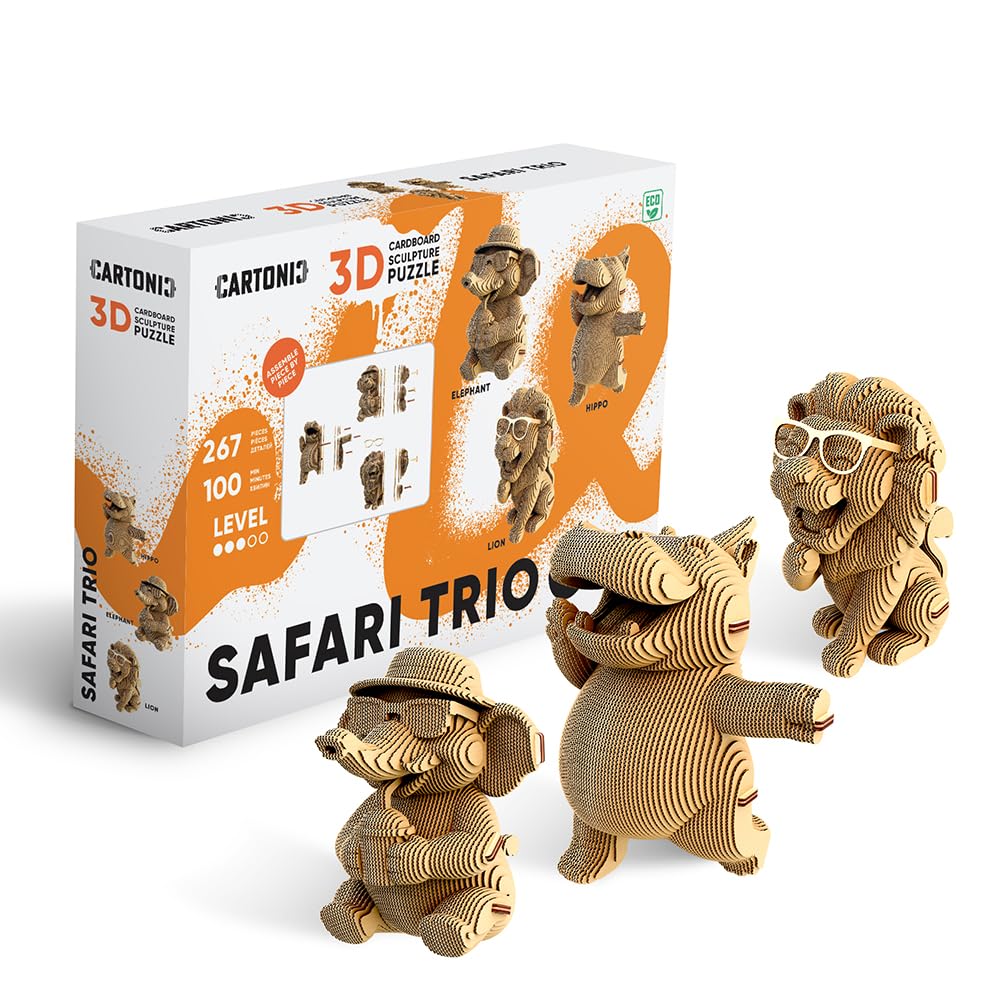 Safari Trio Puzzle 3D de Cartón – Set 3 en 1, 267 Piezas, Cartón Reciclado Sin Plástico, Escultura DIY para Pintar, Idea de Regalo | 267 piezas de cartón reciclado, kit de manualidades para pegar y pintar, para adolescentes y adultos, idea de regalo