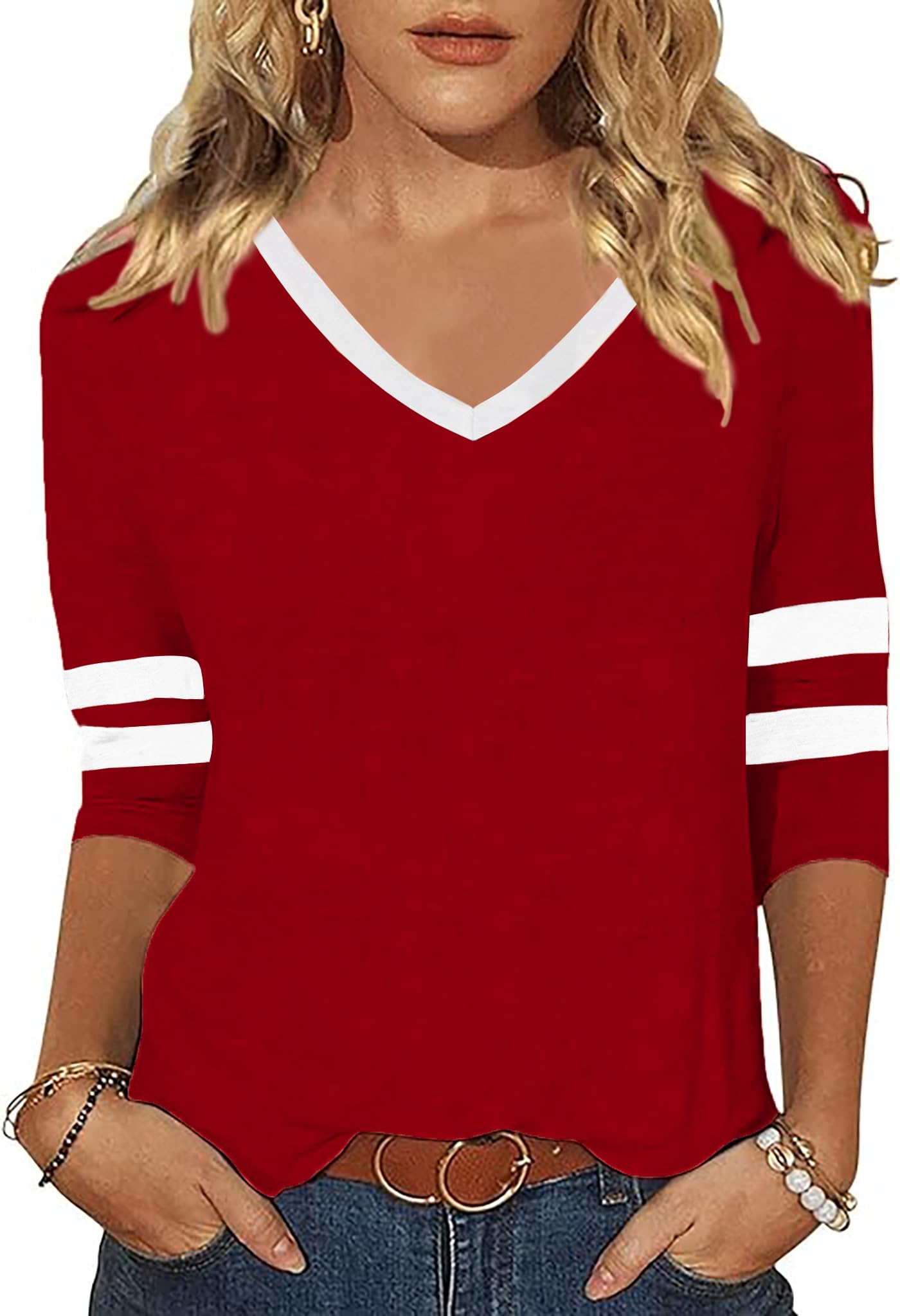 FDKLOOK Shirt 3/4 Sleeve Ladies Gestreiftes V Ausschnitt Sommer Cute Tops Sport Oberteile T-Shirt Teenager Mädchen