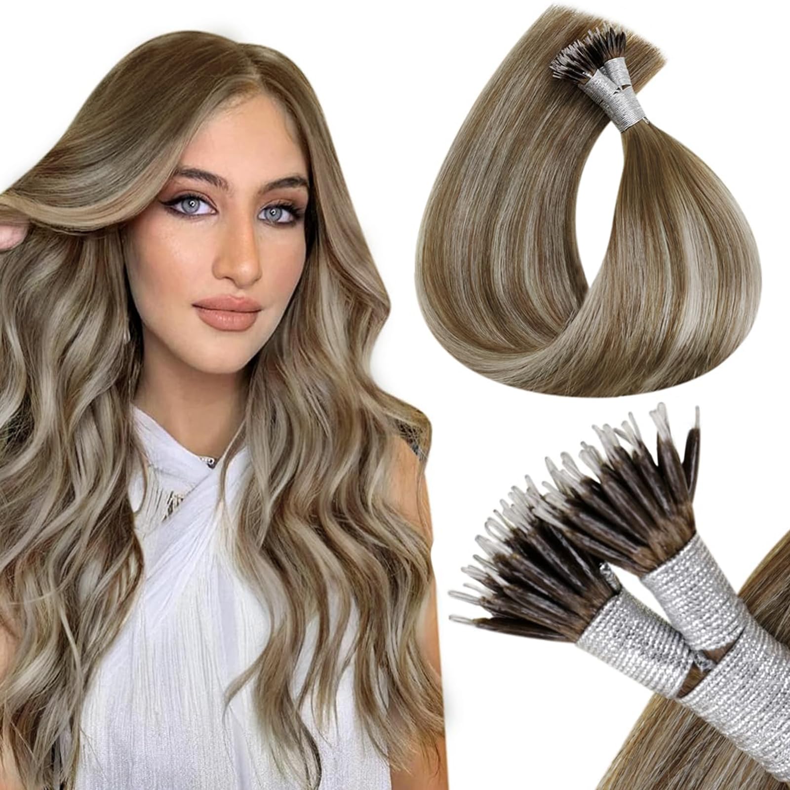 LaaVoo Nano Hair Extensions Real Human Hair Brown Nano Beads Hair Extensions 20 Inch Balayage Light Brown to Light Blonde Invisible Nano Ring Straight Remy Hair 50g 50s #8/60/8