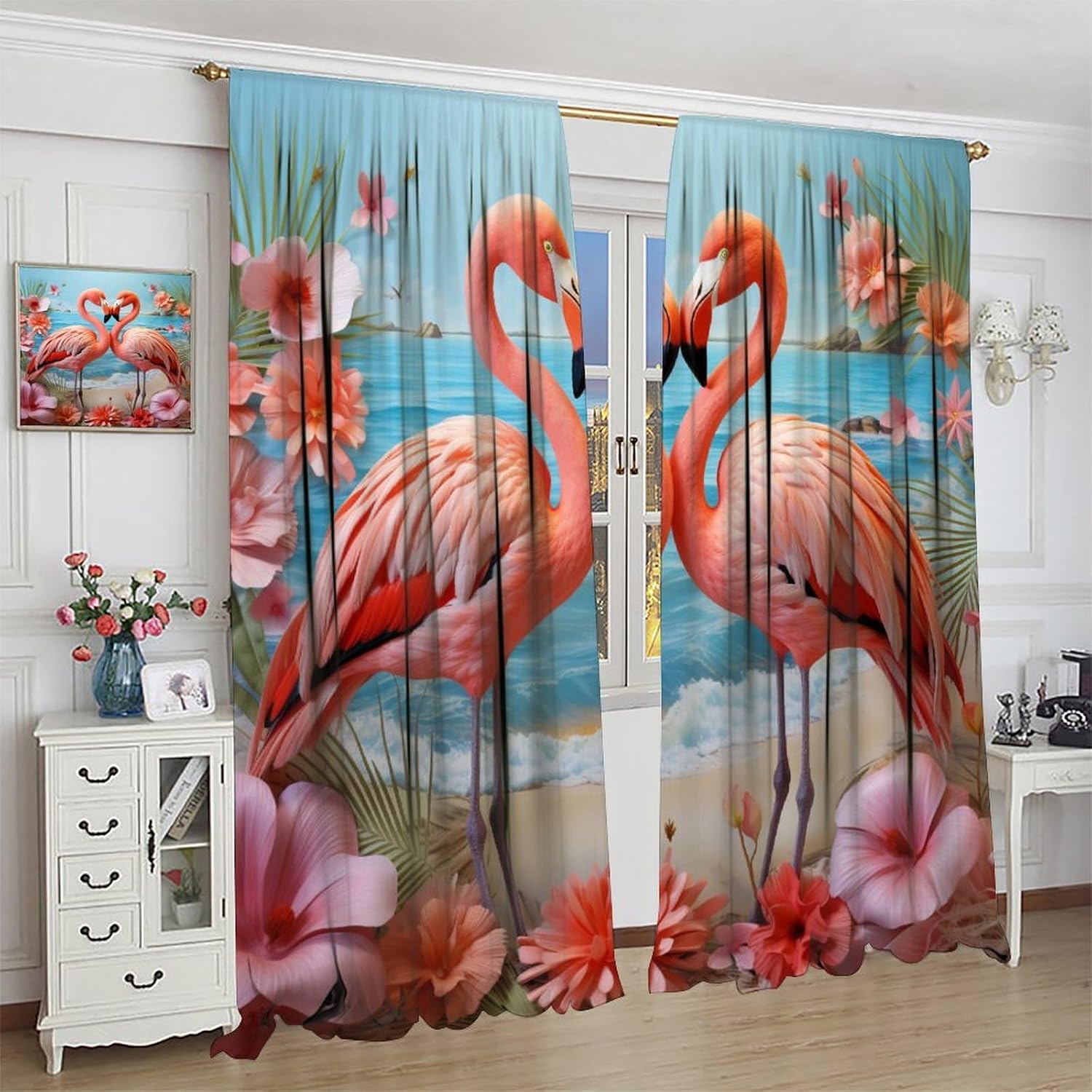 Ocean Flamingo Blackout Curtains for Bedroom Living Room, Tropical Beach Flower Palm Tree Leaf Plant Window Drapes Rod Pocket Curtain Thermal Insulated, 2 Panels, Each 21" W x 45" L