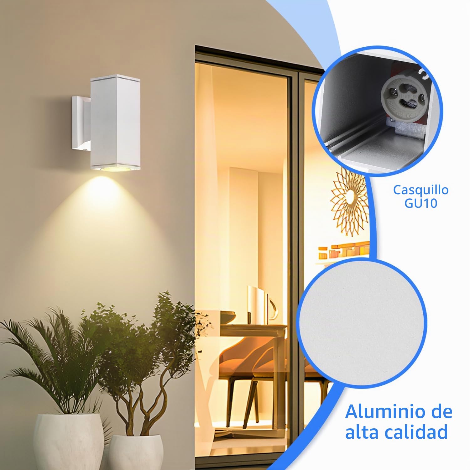 Aigostar 10x Aplique de Pared Exterior/Interior IP65 – Pack 10 Unidades para Terraza, Jardín, Entrada, Pasillo, Balcón. Luz Arriba/Abajo, Aluminio, Cristal Templado, GU10 (No Incluye Bombilla), Blanco