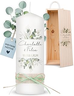 AMARI ® Hochzeitskerze personalisiert Pflanzwelt 20/7 cm- Traukerze Hochzeit - Standesamt - Hochzeitskerze mit Namen und Datum - personalisiert