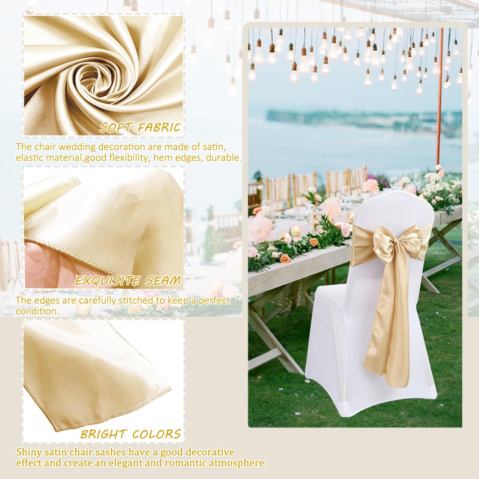 Paquete de 50 Bandas de Satén para Decoración de Fiestas, Lazo en la Espalda, Pajarita de Satén Suave para Sillas de Bodas, para Marcos Arco Decoración Boda Banquete Fiesta (Beige)