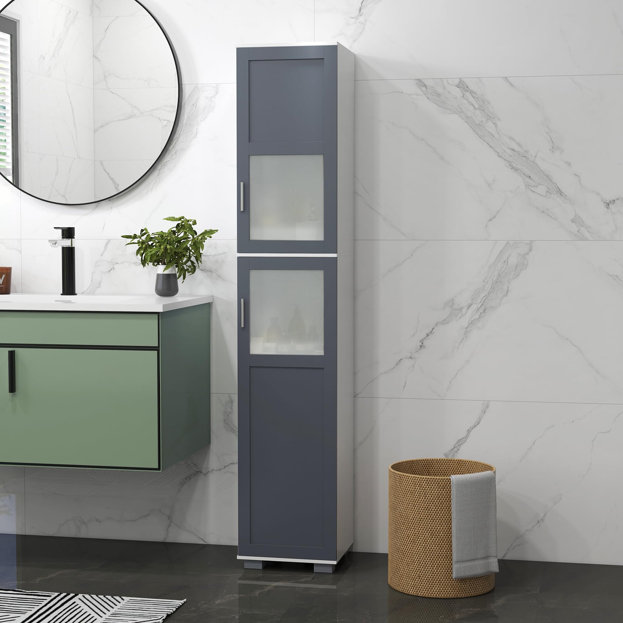 kleankin Armario Alto de Baño con 2 Puertas 37x35x190 cm Blanco y Gris | Mueble Columna de Baño, Vidrio Templado, Estantes Ajustables