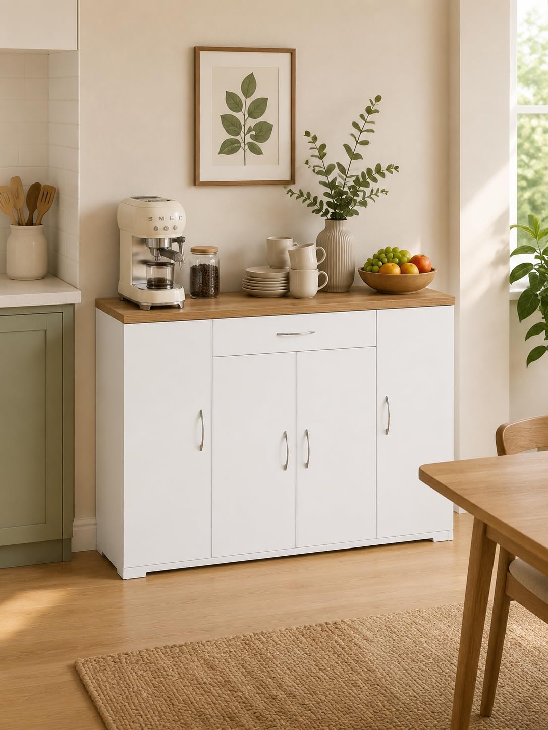 Credenza Sala da Pranzo Bianca con 4 Ante e 1 Cassetto 110×30×70cm | Credenza con 4 ante e 1 cassetto, spazio pratico per organizzare stoviglie, posate e accessori nella sala da pranzo