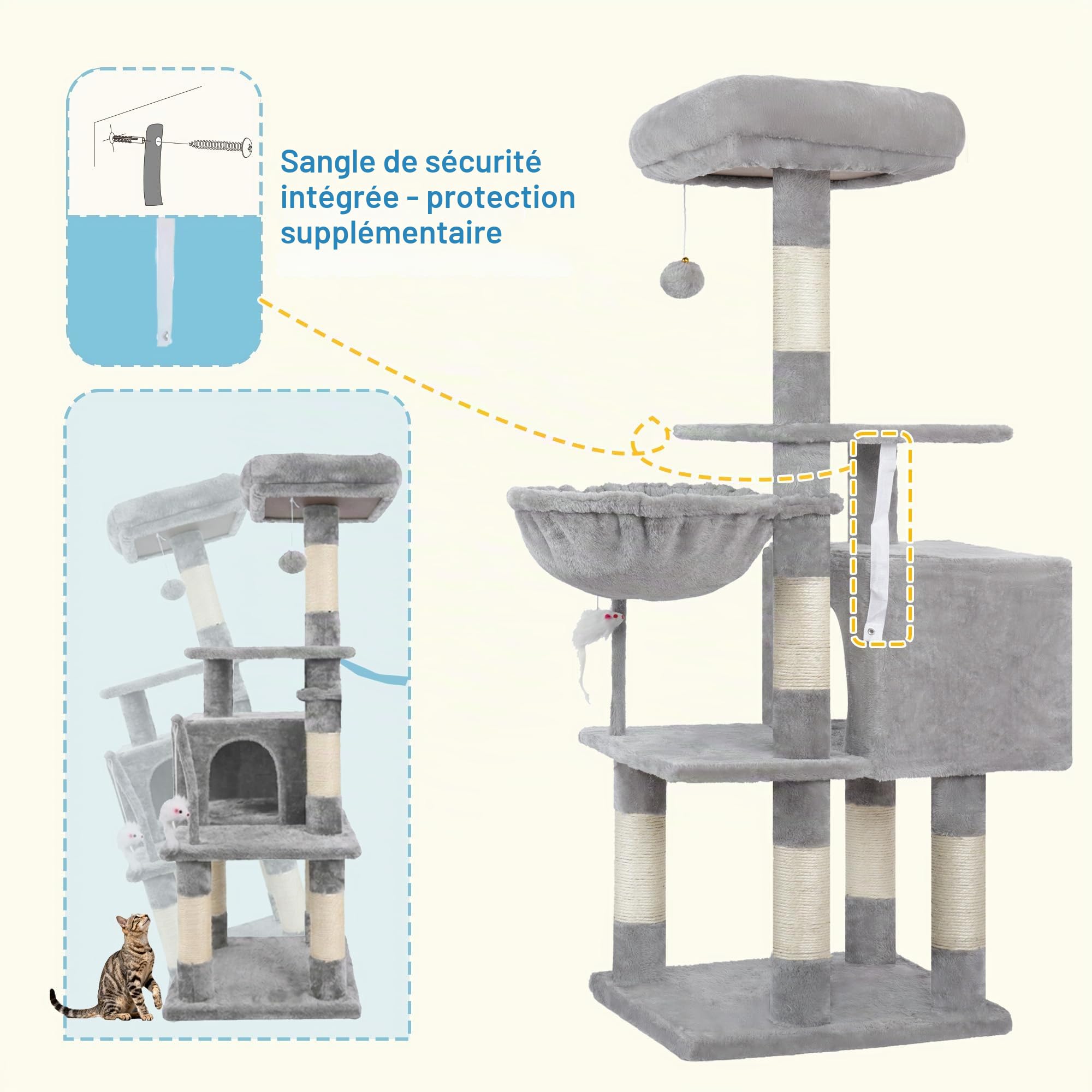 Hey-brother Arbre à Chat, Un Tour de Jeux pour Chats avec Jouets, Une Tour pour Chats intérieure équipée d'un perchoir bourré de Peluche et d'un hamac Confortable, Gris 0EMPJ004SW-N
