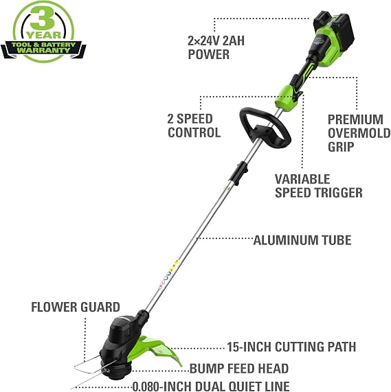 Greenworks 2 x 24V (48V) 15 String Trimmer .080 (200 FT) Trimmer Line, (2) 2.0Ah USB Batteries and 4A Dual Port Charger Included