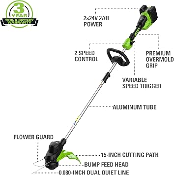 Greenworks 2 x 24V (48V) 15 String Trimmer .080 (200 FT) Trimmer Line, (2) 2.0Ah USB Batteries and 4A Dual Port Charger Included
