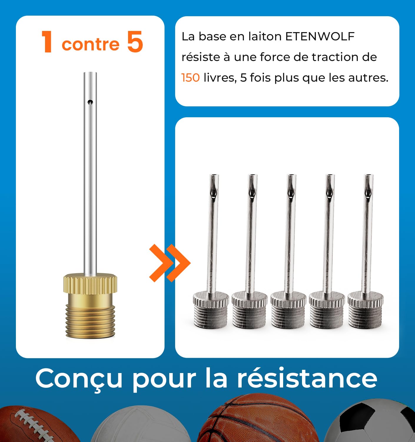 ETENWOLF Lot de 12 aiguilles pour pompe à ballon en laiton, aiguilles de pompe à air robustes sans rupture pour ballons avec étui de rangement, compatibles avec pompe manuelle et pompe électrique