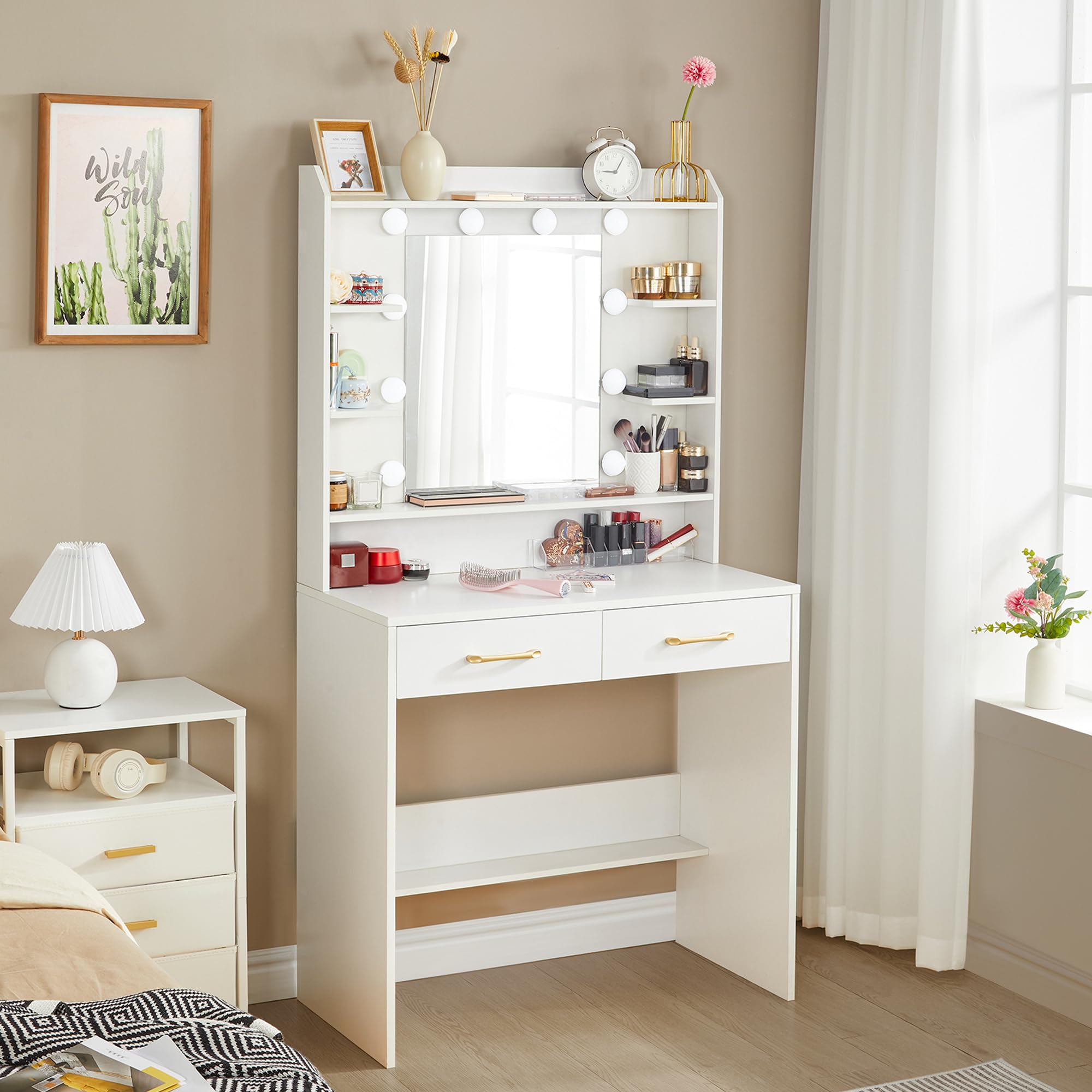 Hzuaneri Tocador de Maquillaje, con Espejo y luz LED, Estilo Moderno, Estación de Maquillaje con Estantes Abiertos y 2 Cajones, para Dormitorio, Salón, Brillo Ajustable, Blanco