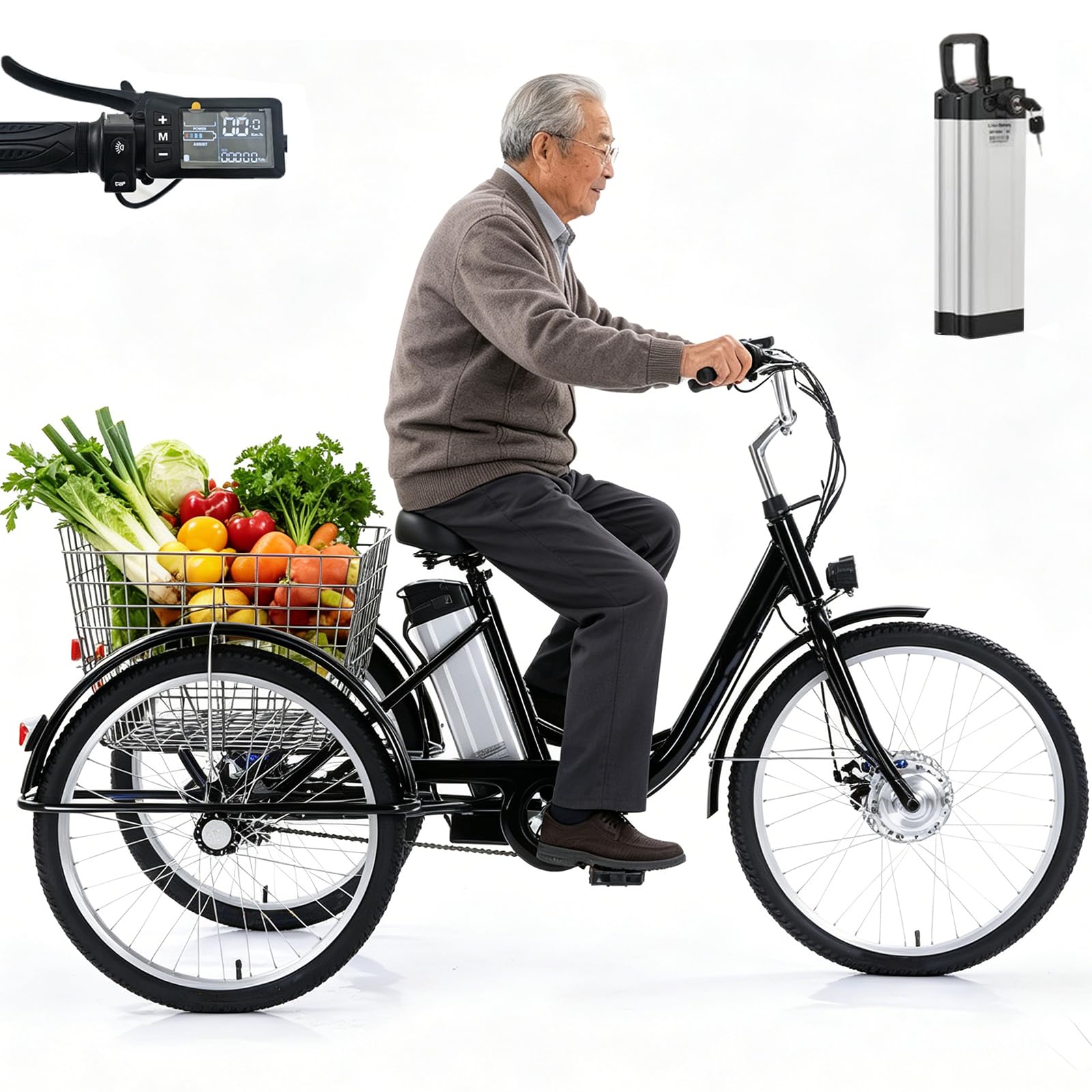 ZHZWwansuGE 24″ Adult Tricycle, Electric Fat Tire 3 Wheel Bike, With 36V 12Ah Removable Battery (Endurance: 35km), Load Capacity 150kg, With Lcd Display + Basket, For Shopping, Leisure Black