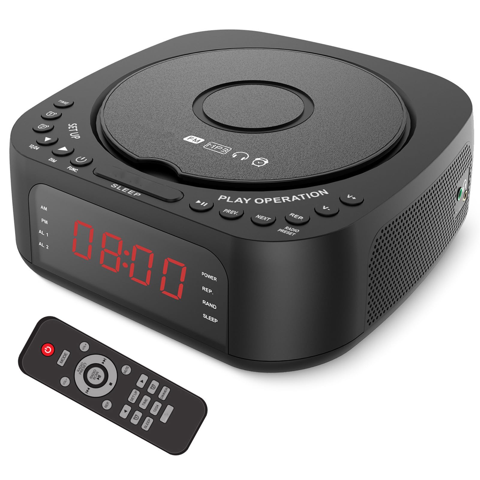 Zunate Lecteur CD Audio, Lecteur de Musique CD Portable avec Réveil, Chargement USB, Affichage à intensité Variable, Radio Bluetooth de Bureau avec Haut-Parleur, Télécommande pour (Prise UE)