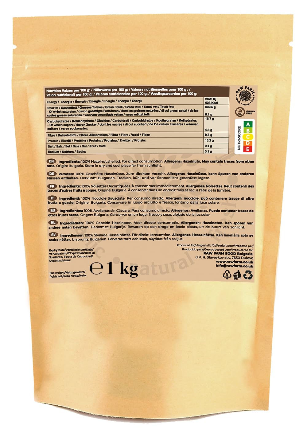 Raw Farm - Avellanas Crudas Enteras - 1kg - Sin Gluten y Sin Soja, Naturales y Nutritivas