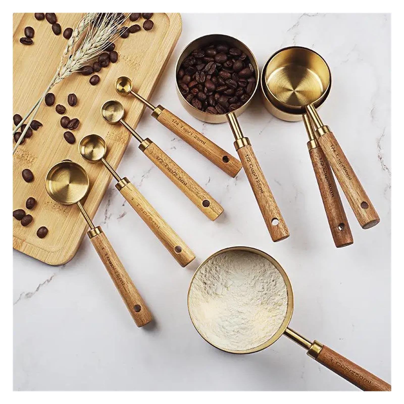 4/8pcs Tasses et cuillères doseuses, manche en bois inox