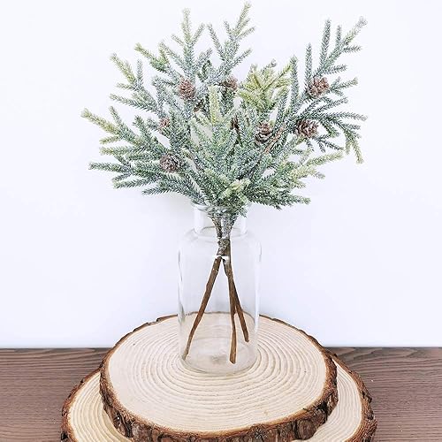 Miniatura 7 de Winlyn Paquete de 6 tallos de pino de ciprés artificial esmerilados con purpurina nevada con mini piñas para Navidad, vacaciones, verdes, arreglos