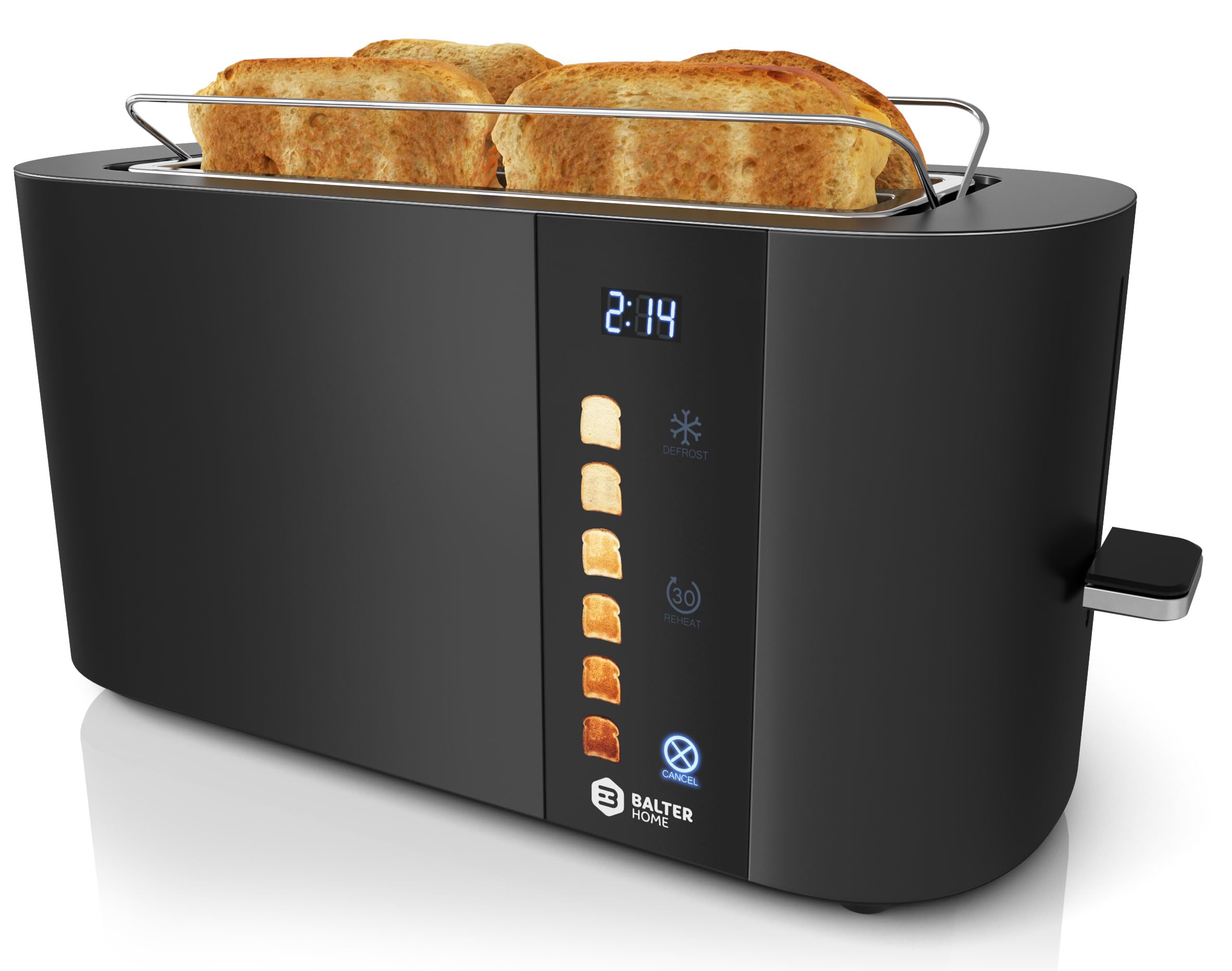 Balter Toaster 4 Scheiben, Touch Bedienung, Langschlitz, Edelstahl, Brötchenaufsatz, LCD Display Langschlitztoaster, Auftaufunktion, Brotzentrierung, TS-34 Schwarz matt