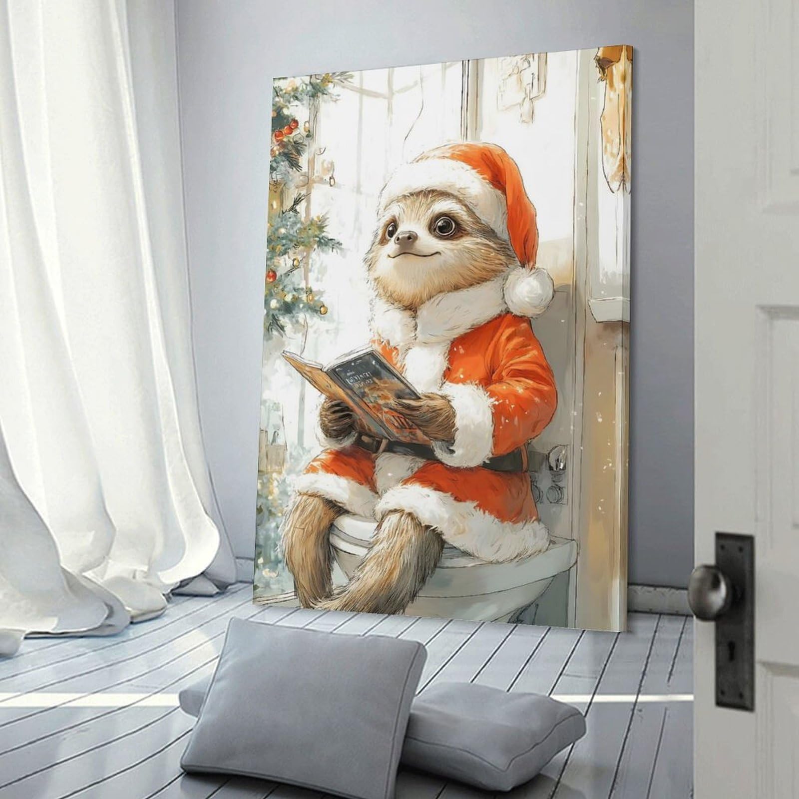 Junmoney Wall Art Print Sloth Santa Reading, 24x36inch(60x90cm), for Study, Office Or Focused Interiors, Decorative Artwork for Productive Spaces