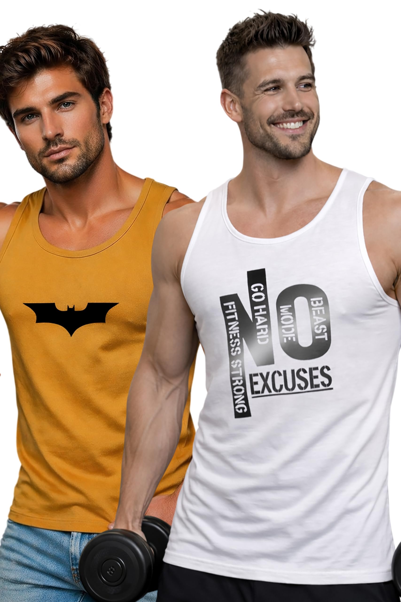 Polyester Letter Printed Vest for Men - Pack of 2 - White & Mustard | Round Neck | Sleeveless | Regular Fit | Summer & Gym Wear Tank Top for Men-image-48
