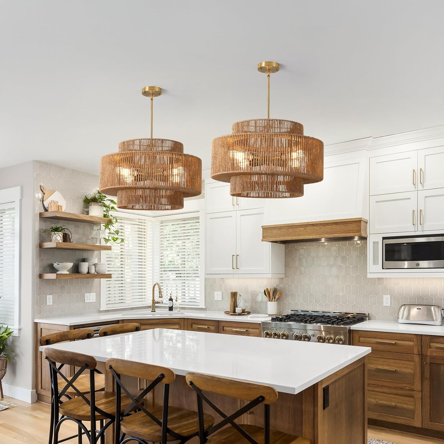 17.7" Boho Rattan Farmhouse Chandeliers for Dining Room,4-Light Hand-Woven Rustic Drum Chandelier Wicker Hanging Light Fixture for Kitchen Island,Bedroom,Living Room,Entryway Foyer