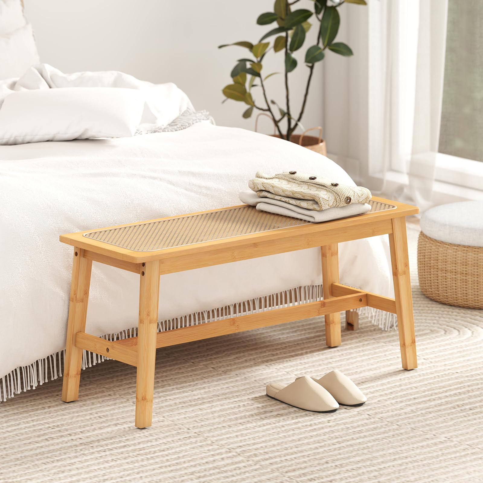 GIANTEX Banc Salle a Manger pour 2 Personnes, Banc Bois en Bambou avec Siège en Rotin PVC Respirant, Patins Antidérapants, Banquette pour Chambre, Salon, Jardin, Charge 300 kg, Naturel