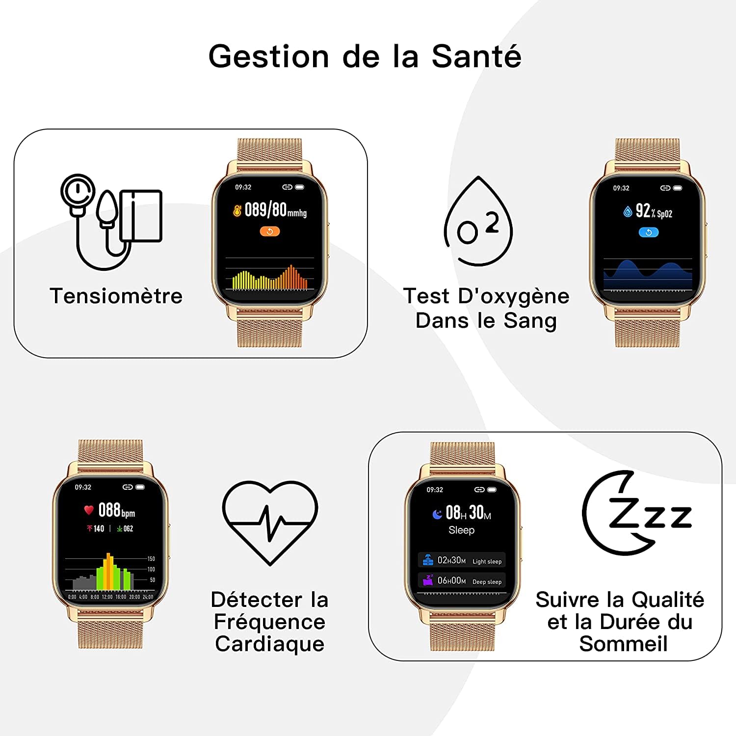 Popglory Montre Connectée Femme Homme avec Appel Bluetooth, 1,85'' Sport Smartwatch Moniteur de Fréquence Cardiaque/Tension Artérielle/SpO2/Podomètre/Sommeil, Montre Intelligente pour Android iOS