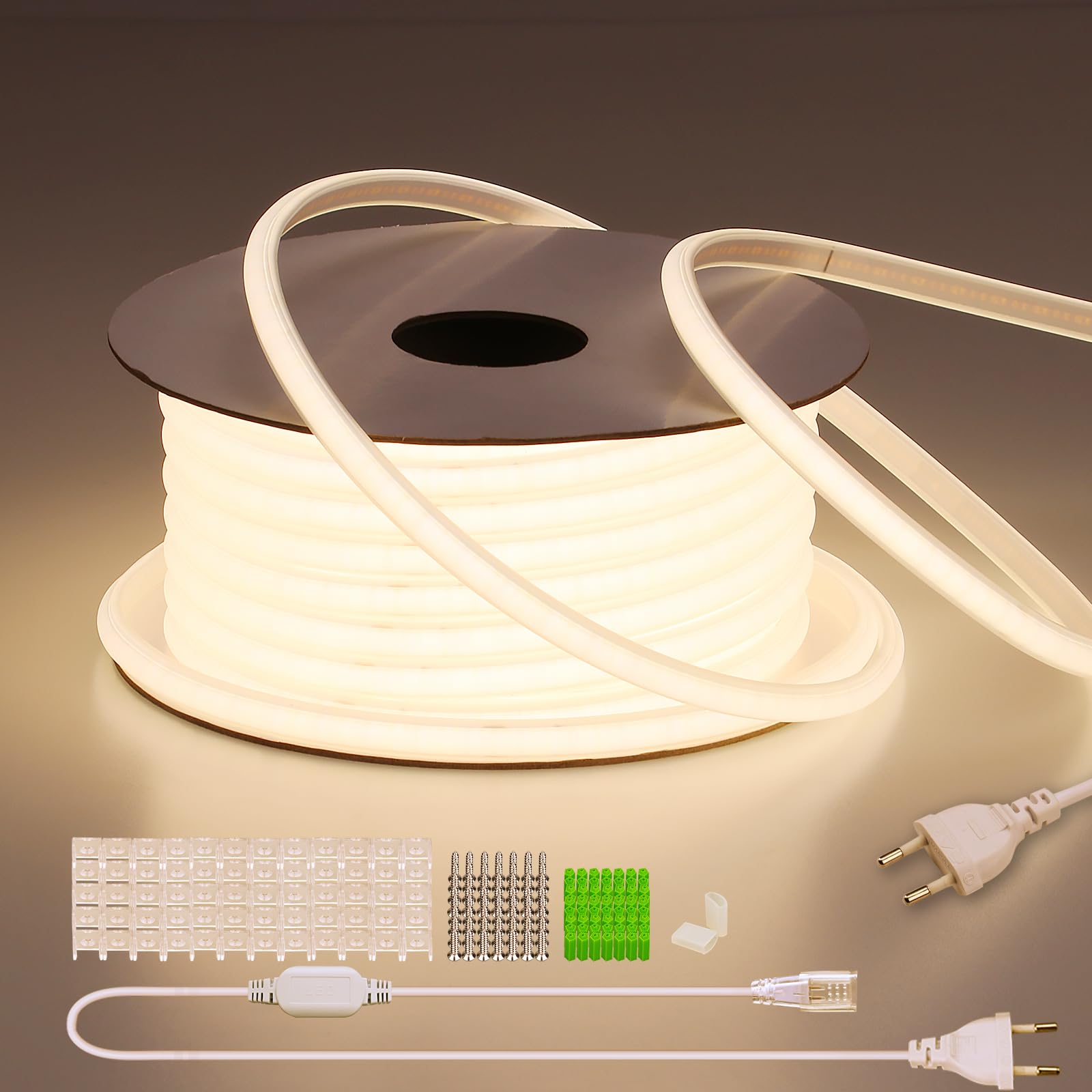 BENLUN Tira LED COB 230V Exterior Impermeable 30 Metros, Tiras LED 220V | 4000K Blanco Natural Luces de LED 10W/M CRI 90+ Flexible para Habitacion Techo, Iluminación Decorativa, Patio, Jardín