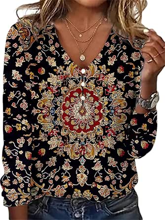 Yihaojia Women's Boho Floral Print Tunic – Long Sleeve V-Neck Tops For Fall & Winter, Plus Size Casual Blouse - View #7