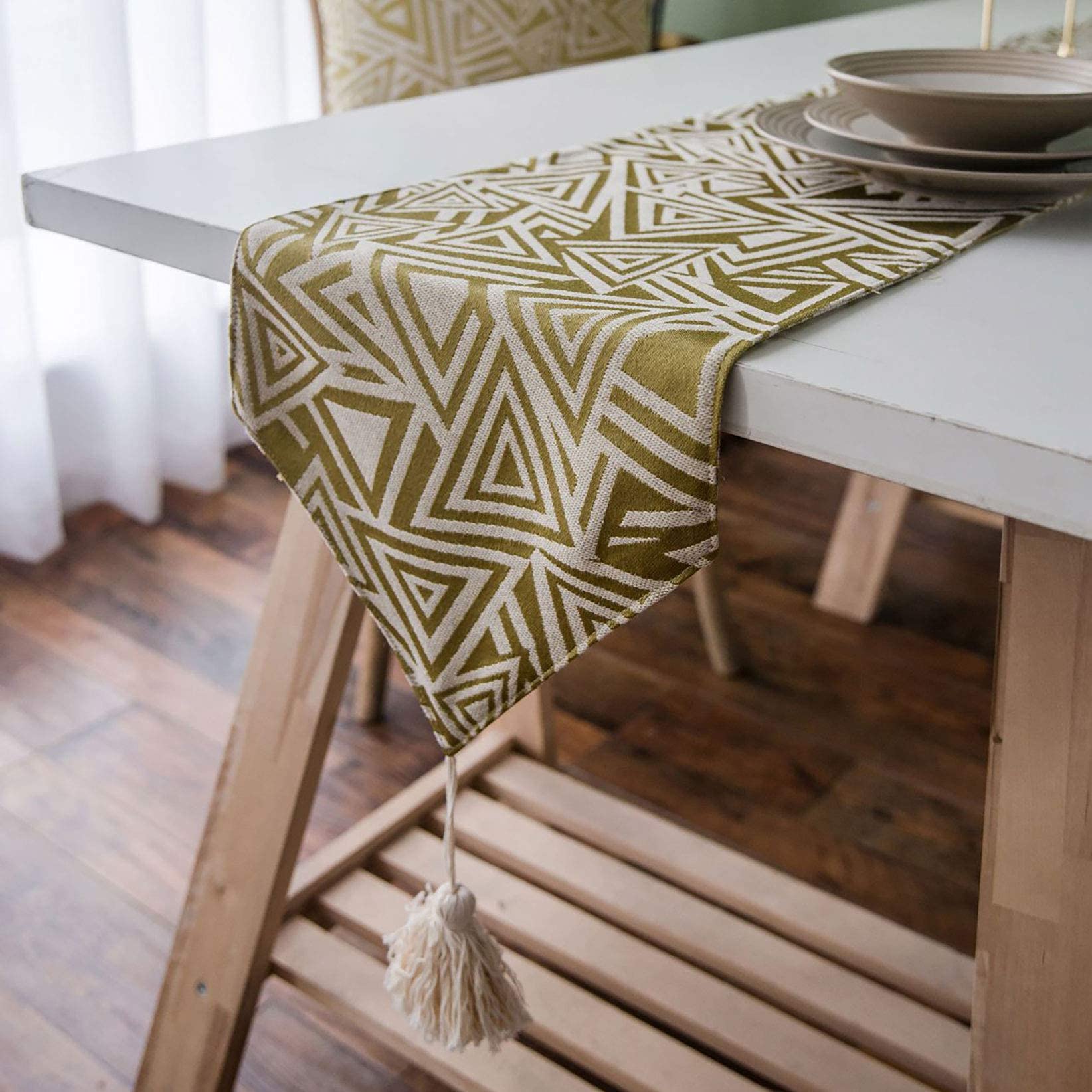 Chemin de lit en lin de coton double couche au fini triangle abstrait haut de gamme