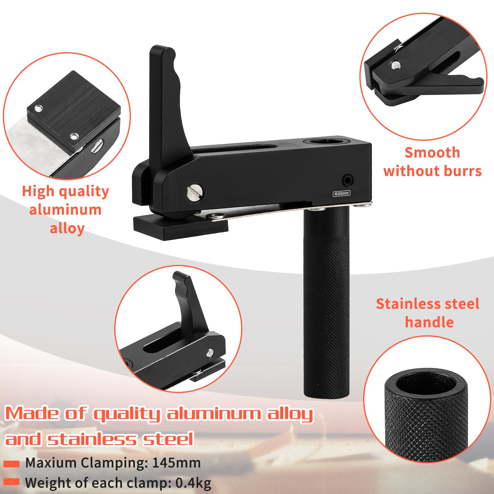 Pince de maintien rapide de bureau - 20 mm - Pince fixe - Réglable - Pour trou de chien de l'établi - Pour sculpter, meuler, fraiser (2, 19 mm)