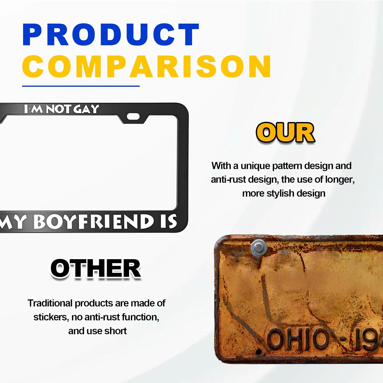 Funny License Plate Frame with Humor Texts Metal Aluminum Black - I'm Not Gay, But My Boyfriend is, Car Cover Tag Decoration with 2 Holes and Screws for Men & Women (12 x 6 in) image 5