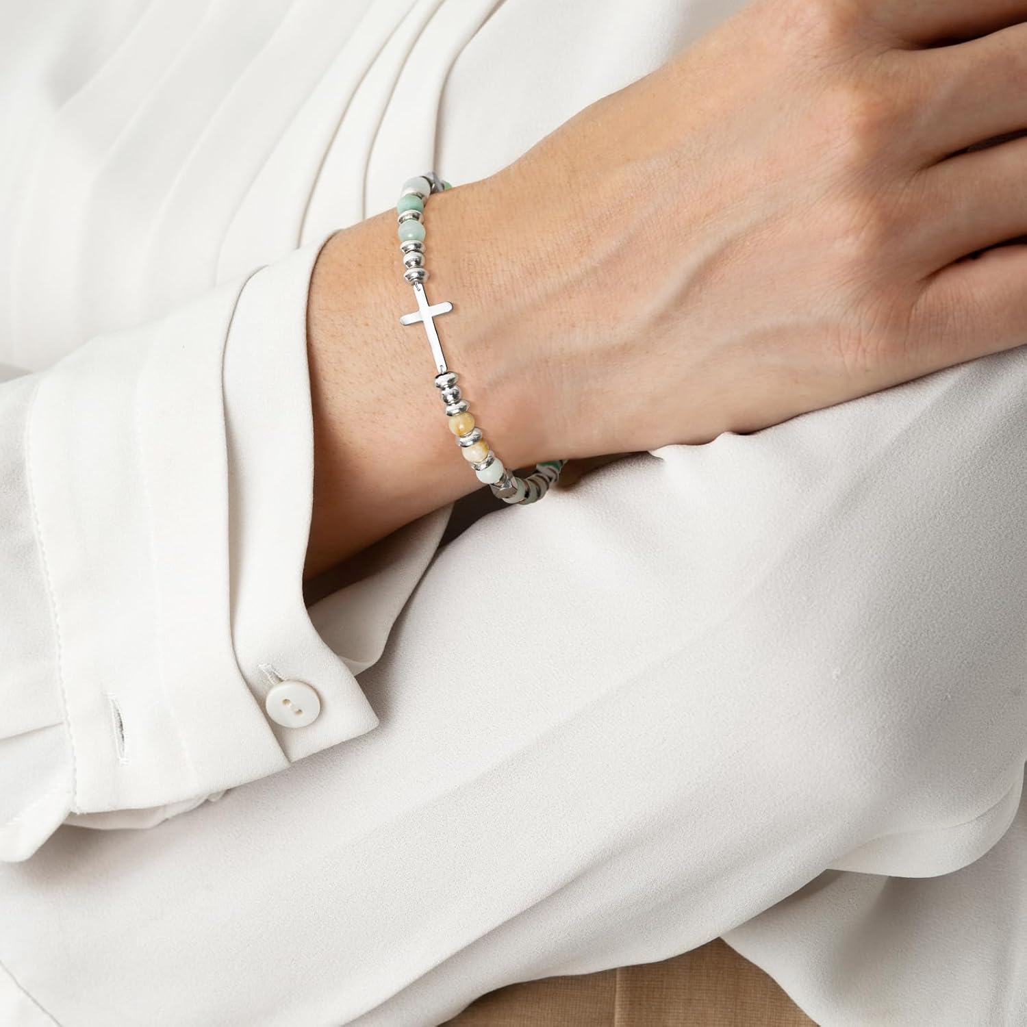 Christian Inspirational Bracelet Gifts for Women: Religious Cross Beads Bracelet Baptism Christmas Day Gifts for Godmother Mom Daughter Sister Friend - Image 4