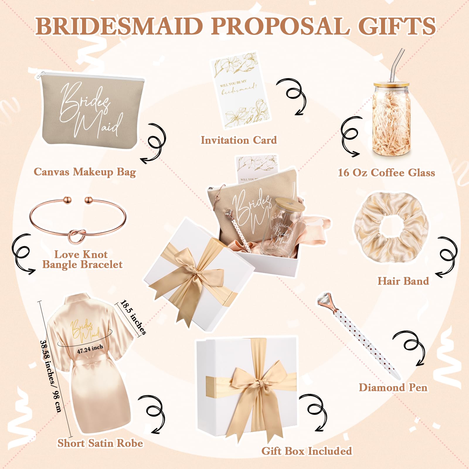 Irenare Bridesmaid Proposal Gifts Set Robes Makeup Bag Cup Cards Hair Tie Bracelet Diamond Pen Bridesmaid Gift Box(Champagne,8 Pcs)