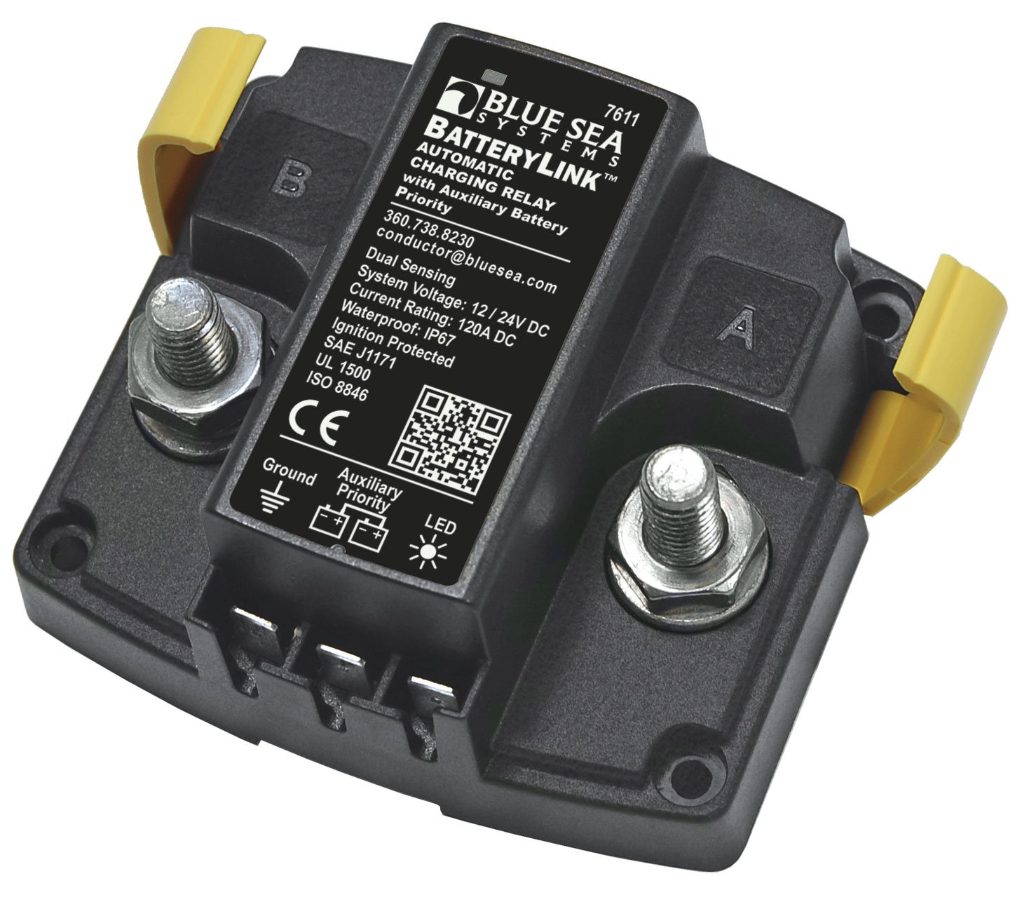 Blue Sea Systems 7611 AUTO CHARGE RELAY 120A 12/24V, Black,Yellow