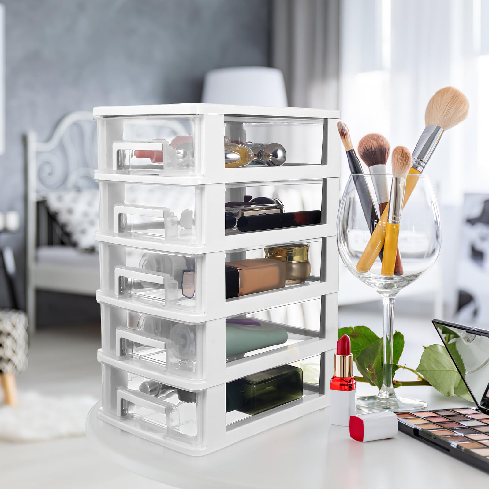 Cassettiera in plastica trasparente a 5 ripiani, multifunzionale, per forniture per ufficio e articoli per la scuola, ideale per scrivania e artigianato