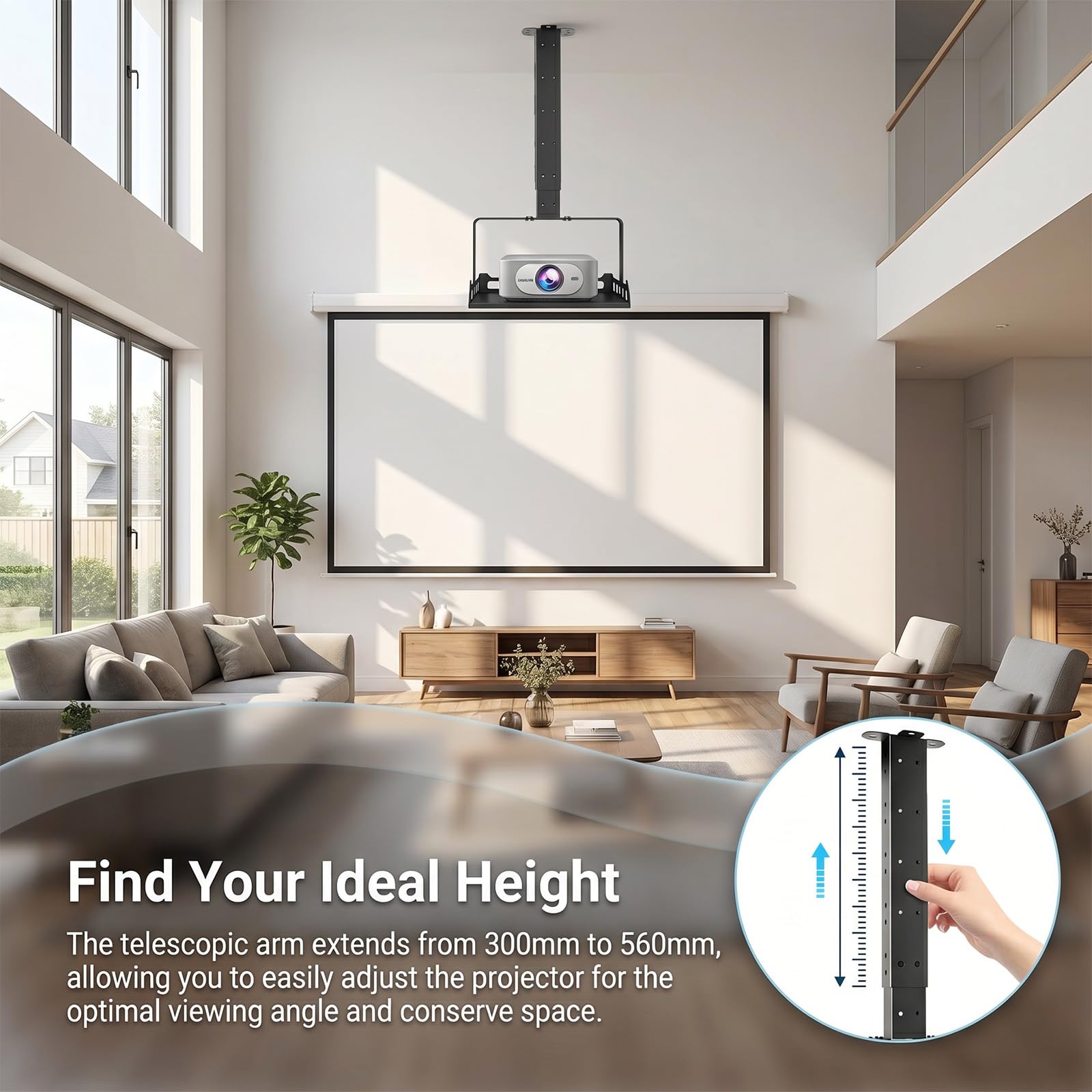 Supporto da soffitto per proiettore, regolabile in altezza, universale, guida per cavi nascosta, portata fino a 10 kg, supporto per proiettore per home theatre e ufficio