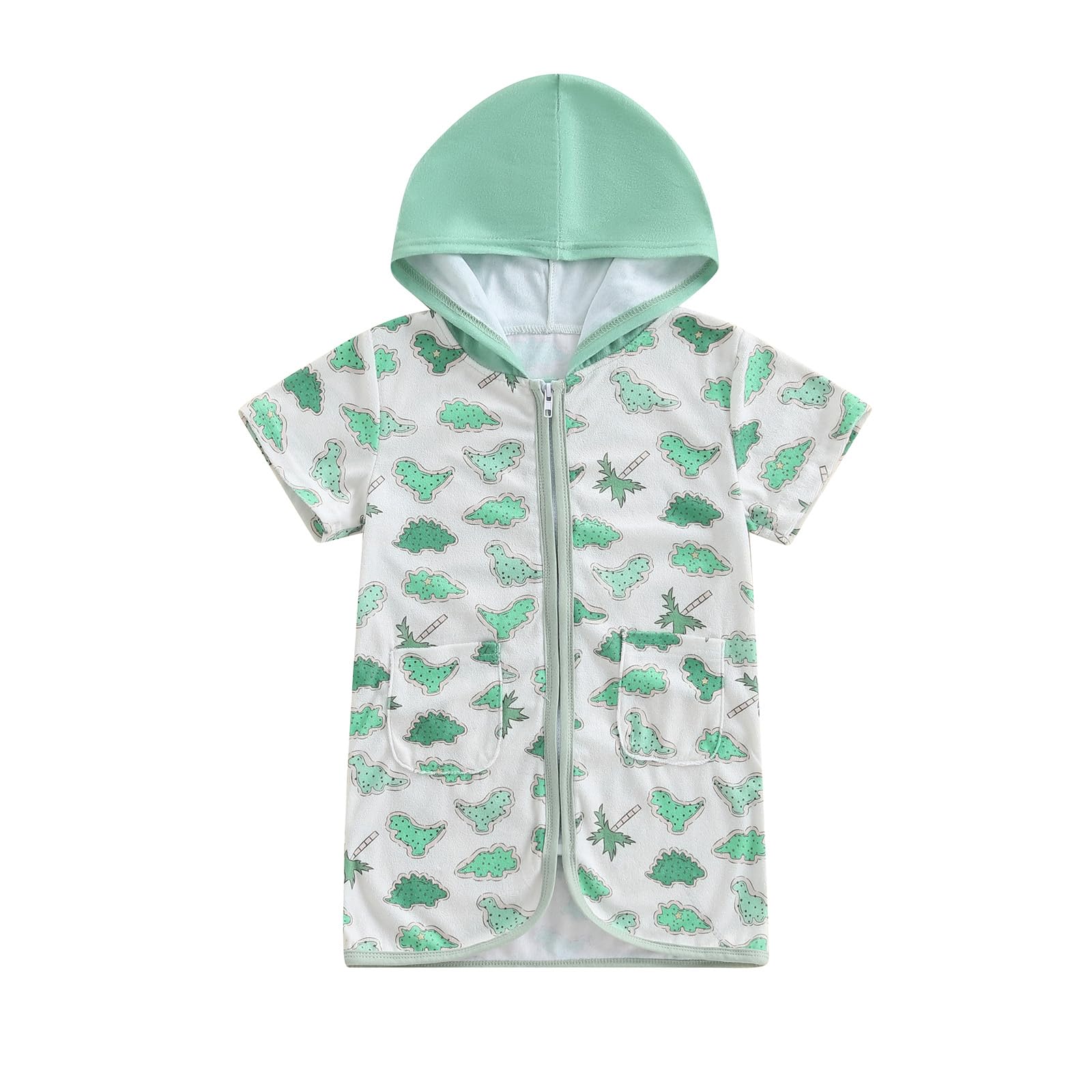 ZAXARRA Boys Swim Cover Up Zip Up Hooded Tree/Dinosaur Print Bathing Suit Coverup Wraps Kids Pool Beach Robe (Green, 12-18 Months)